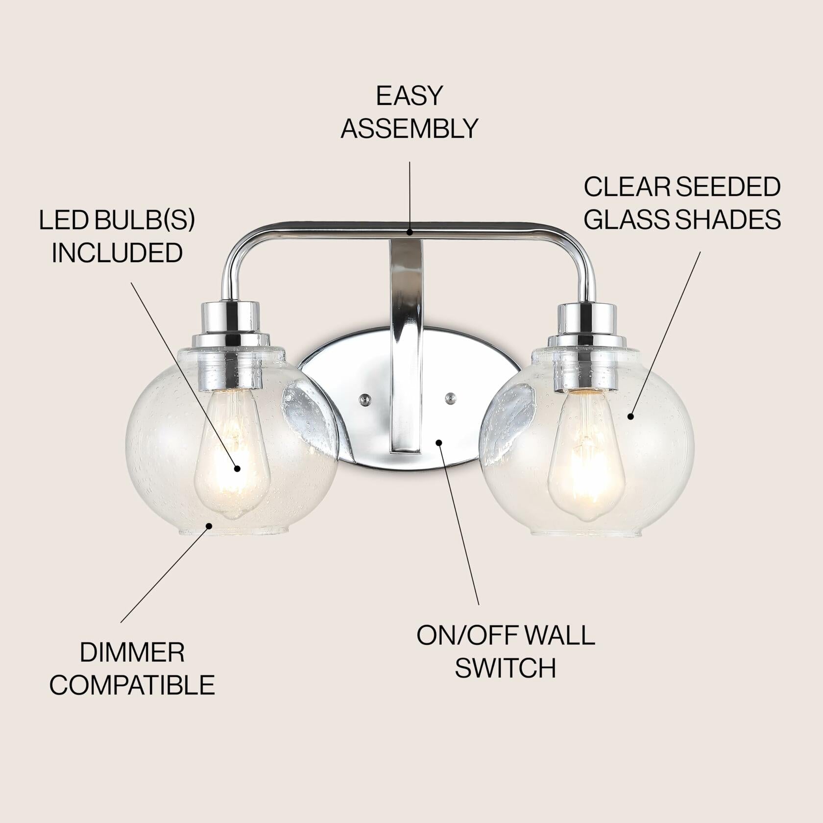 JONATHAN Y JYL7527B Sandrine 17.5" 2-Light Iron/Seeded Glass Cottage Rustic LED Vanity Light Classic 2700K LED 4W Bulbs Entryway Lobby Kitchen Bathroom Bedroom Living Room Hallway, Chrome