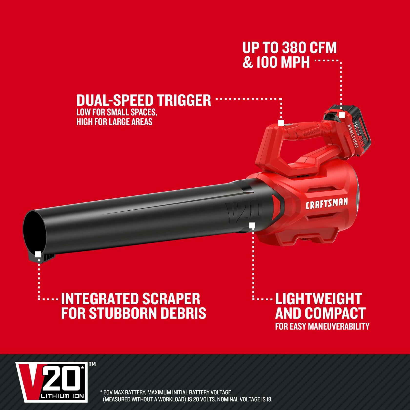 CRAFTSMAN V20 Cordless Axial Leaf Blower Kit with 4.0 Ah Battery and Charger (CMCBL700M1)