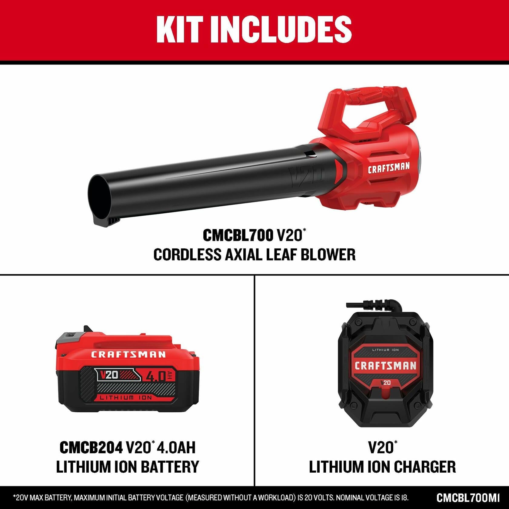 CRAFTSMAN V20 Cordless Axial Leaf Blower Kit with 4.0 Ah Battery and Charger (CMCBL700M1)