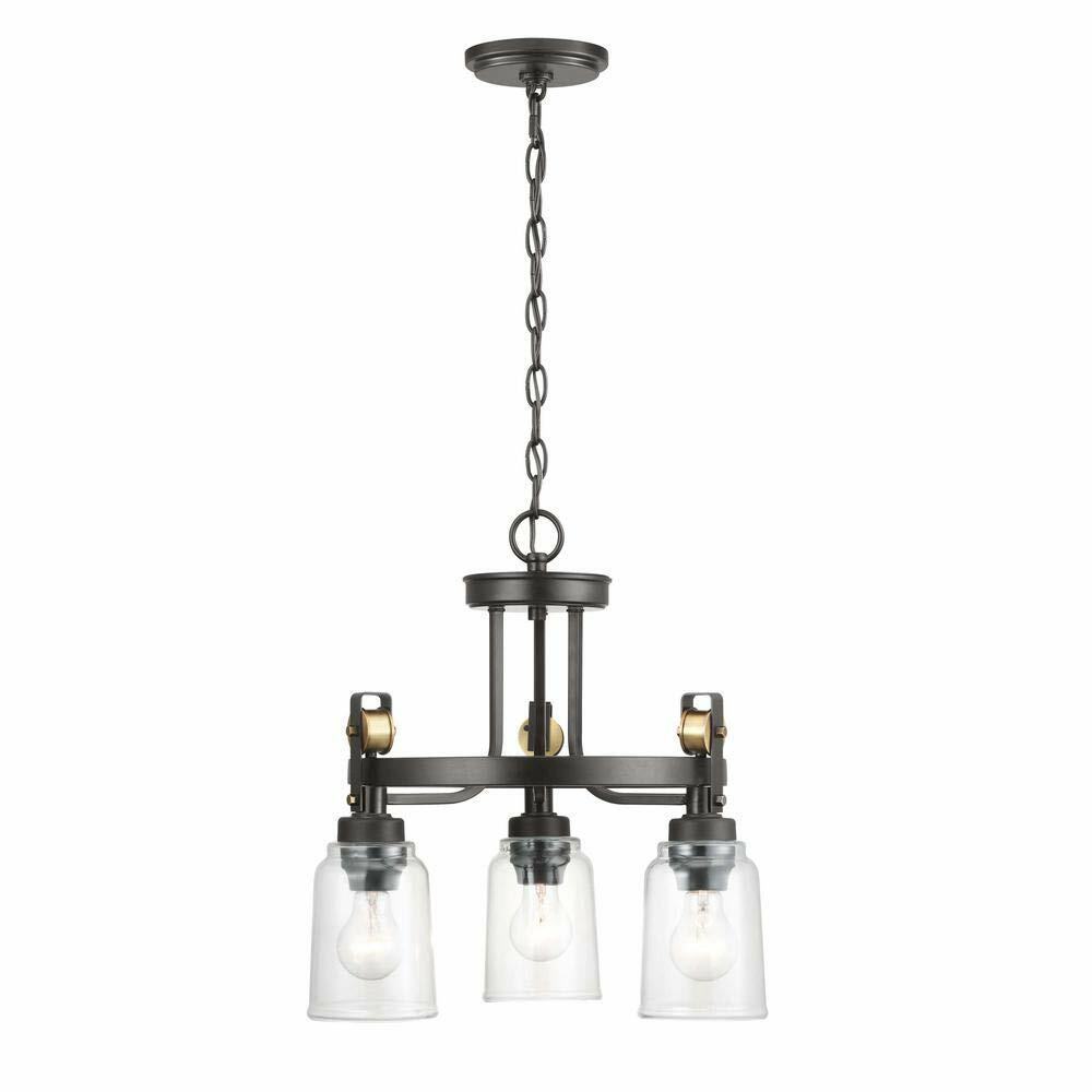 Knollwood 3-Light Blackened Bronze Chandelier with Vintage Brass Accents and Clear Glass Shades