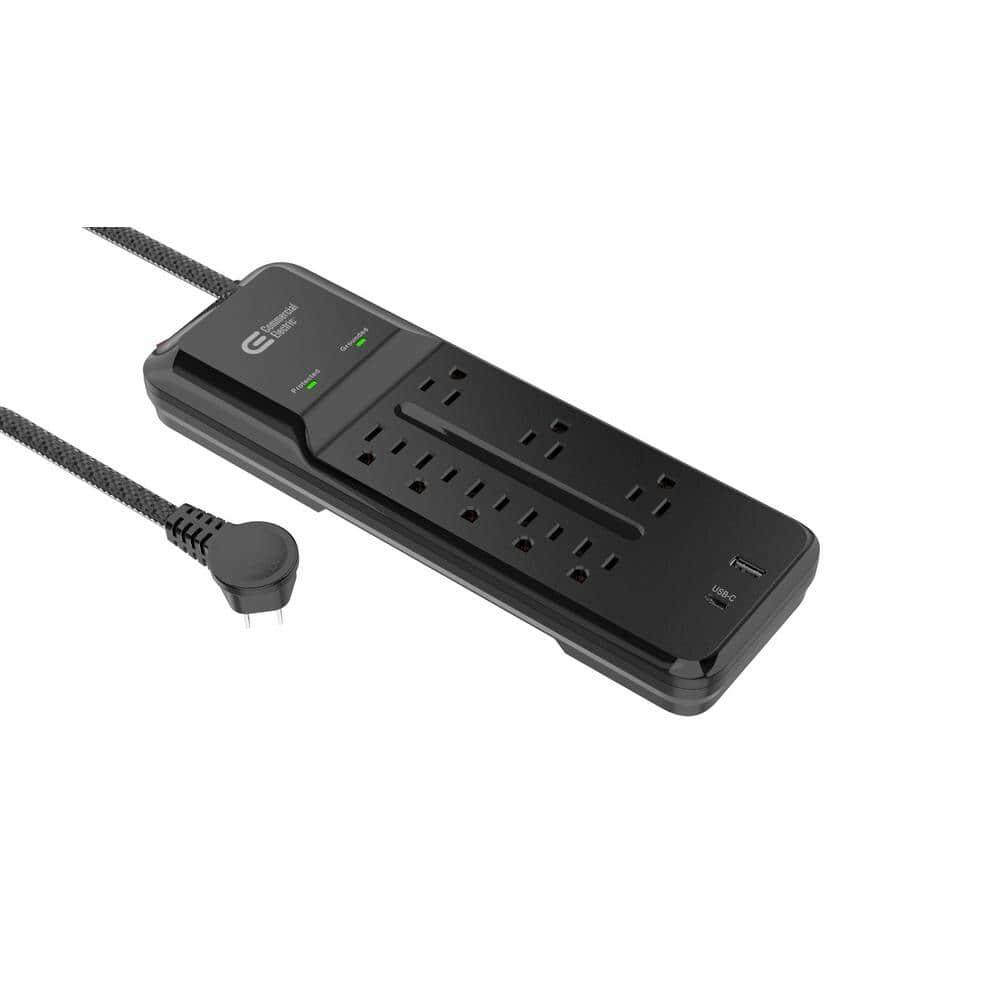 12 ft. Braided Cord 8-Outlet Surge Protector with 1 USB and 1 USB-C, Black