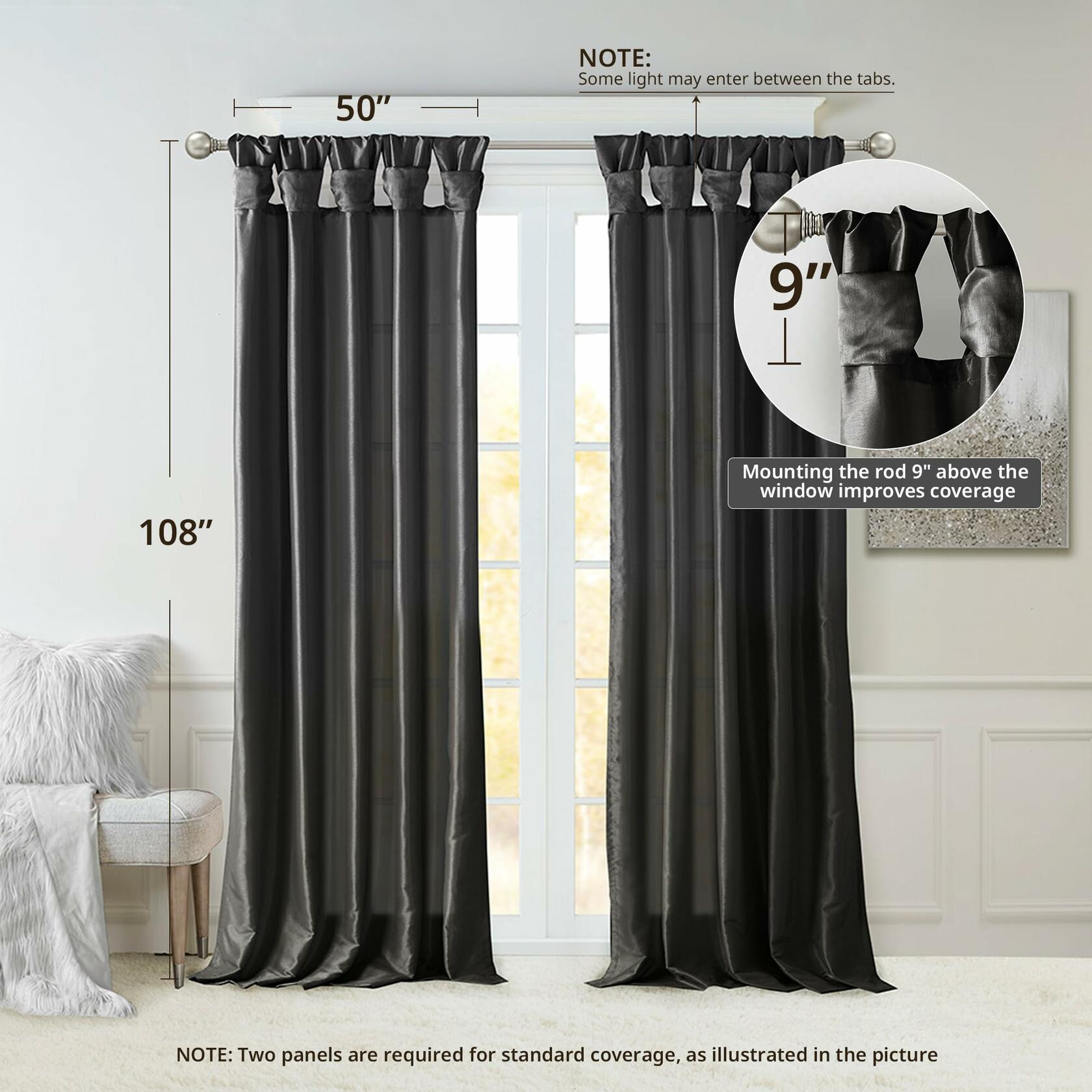 Madison Park Emilia Faux Silk Single Curtain with Privacy Lining, DIY Twist Tab Top, Room Darkening Window Drape for Living Room, Bedroom and Dorm, 108" L x 50" W, Black
