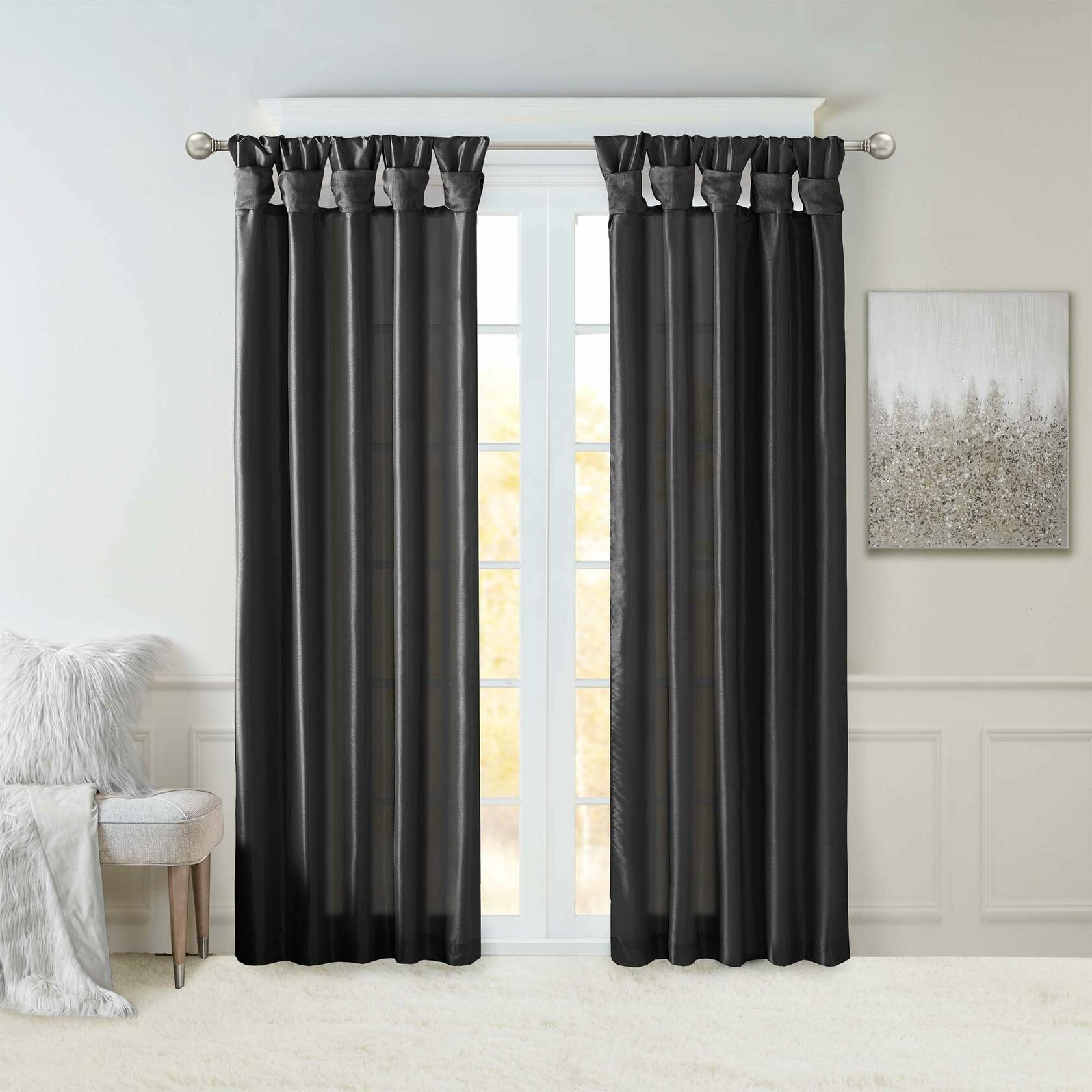 Madison Park Emilia Faux Silk Single Curtain with Privacy Lining, DIY Twist Tab Top, Room Darkening Window Drape for Living Room, Bedroom and Dorm, 108" L x 50" W, Black