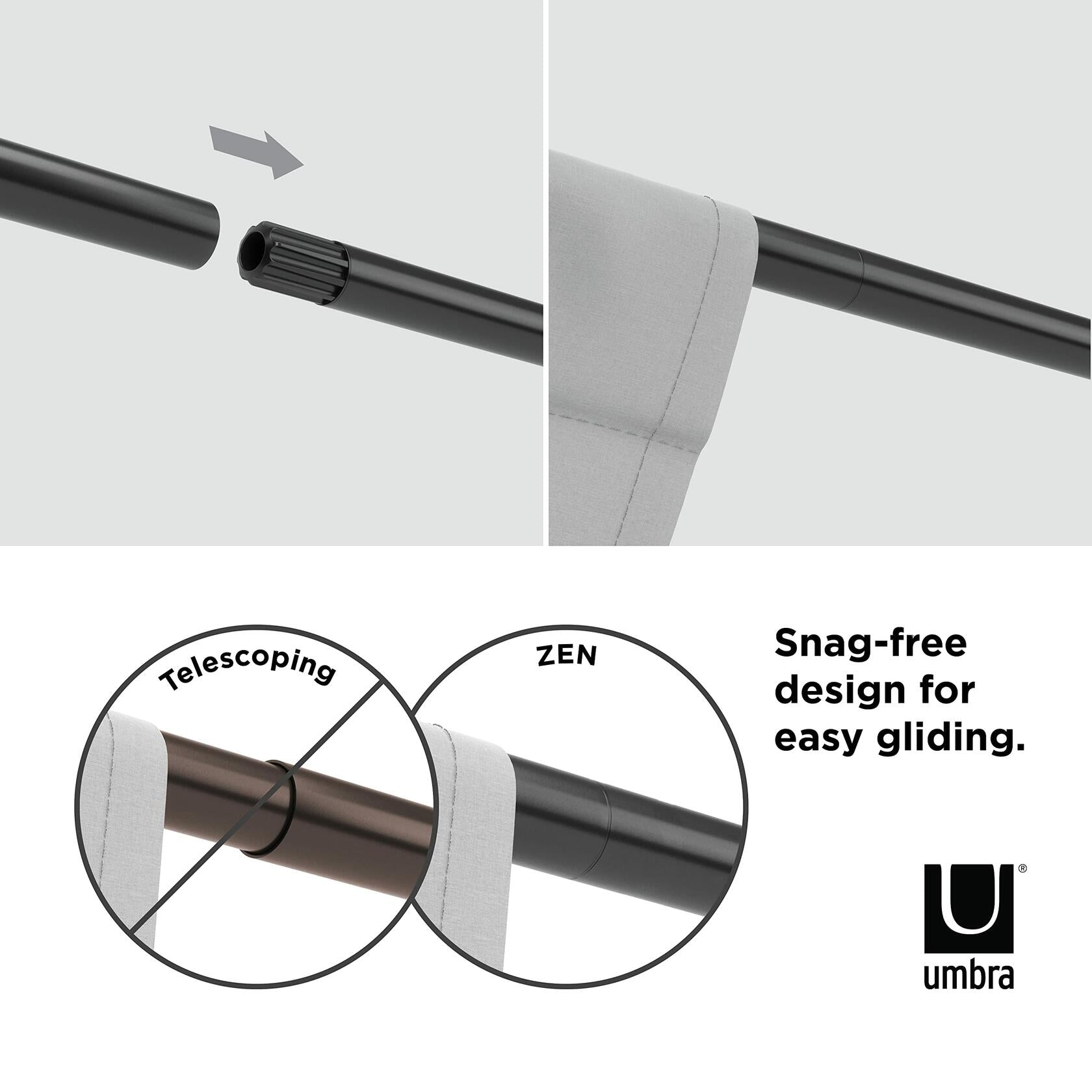 Umbra Zen Modern 1-Inch Curtain Rod, Includes 2 Matching Finials, Brackets & Hardware, 32 to 128-Inch, 42"-120", Black