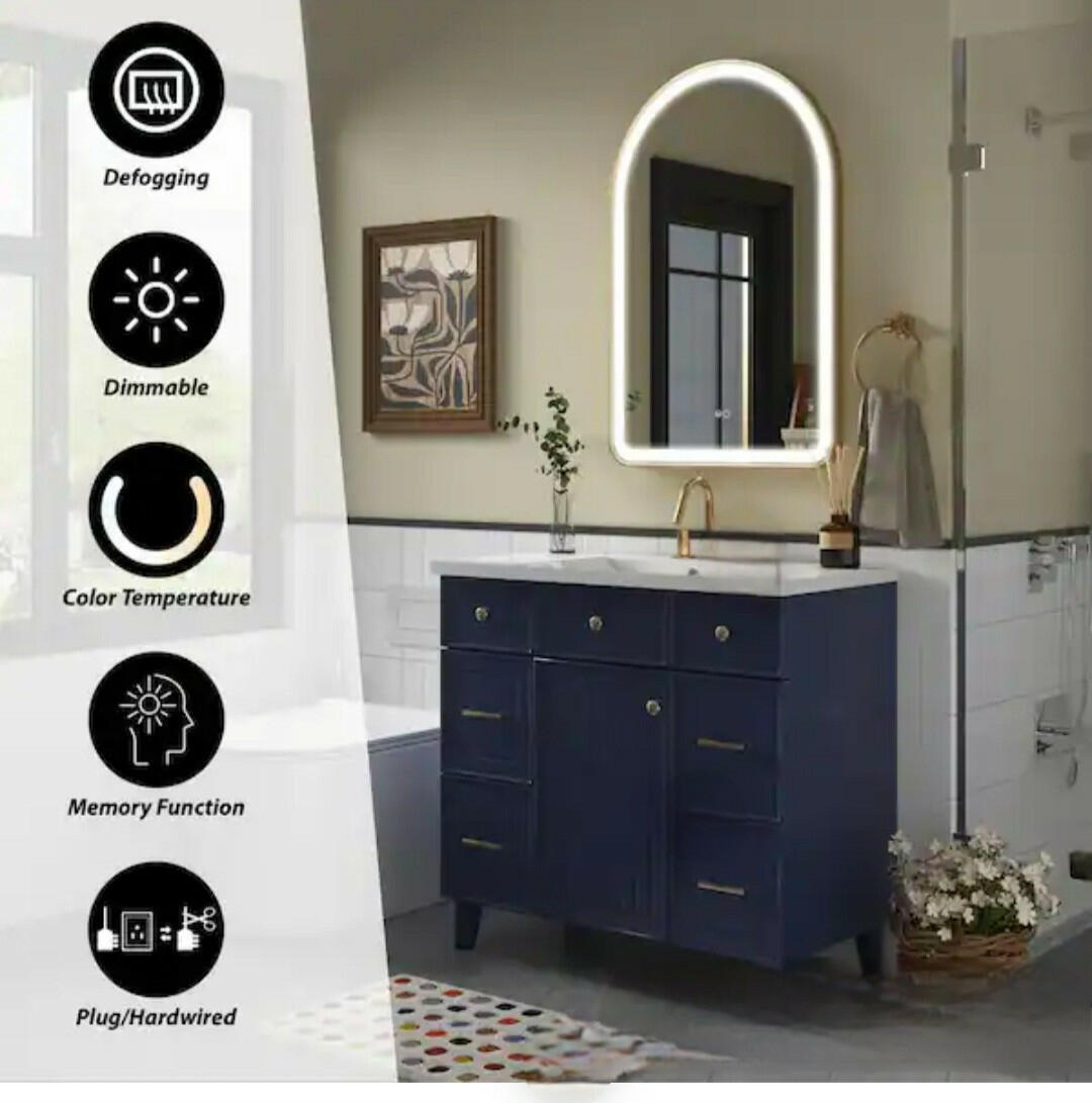 BONIE 24 in. W x 36 in. H Arched Framed LED Anti-Fog Wall Bathroom Vanity Mirror