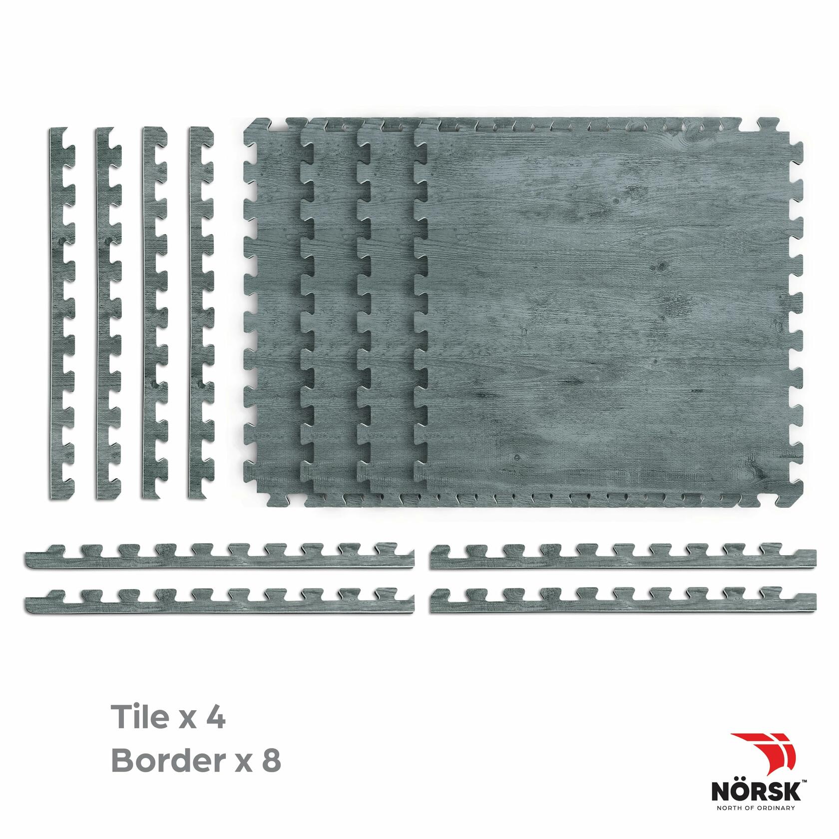 Décor by NÖRSK Reversible Interlocking Faux Wood Foam Floor Tiles, 24 X 24 X .47", 4-Pack, 16 Square Feet, Driftwood/Black