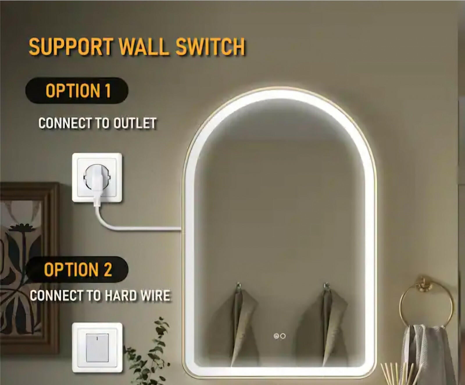 BONIE 24 in. W x 36 in. H Arched Framed LED Anti-Fog Wall Bathroom Vanity Mirror