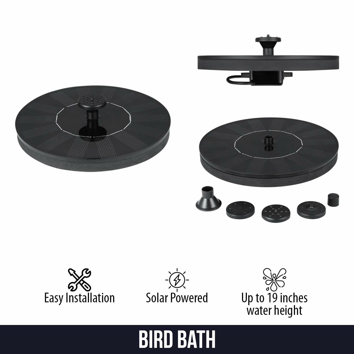 Dartwood Solar Water Fountain/Bird Bath with 4 Different Nozzle Heads - Perfect for Bird Bath and Small Ponds