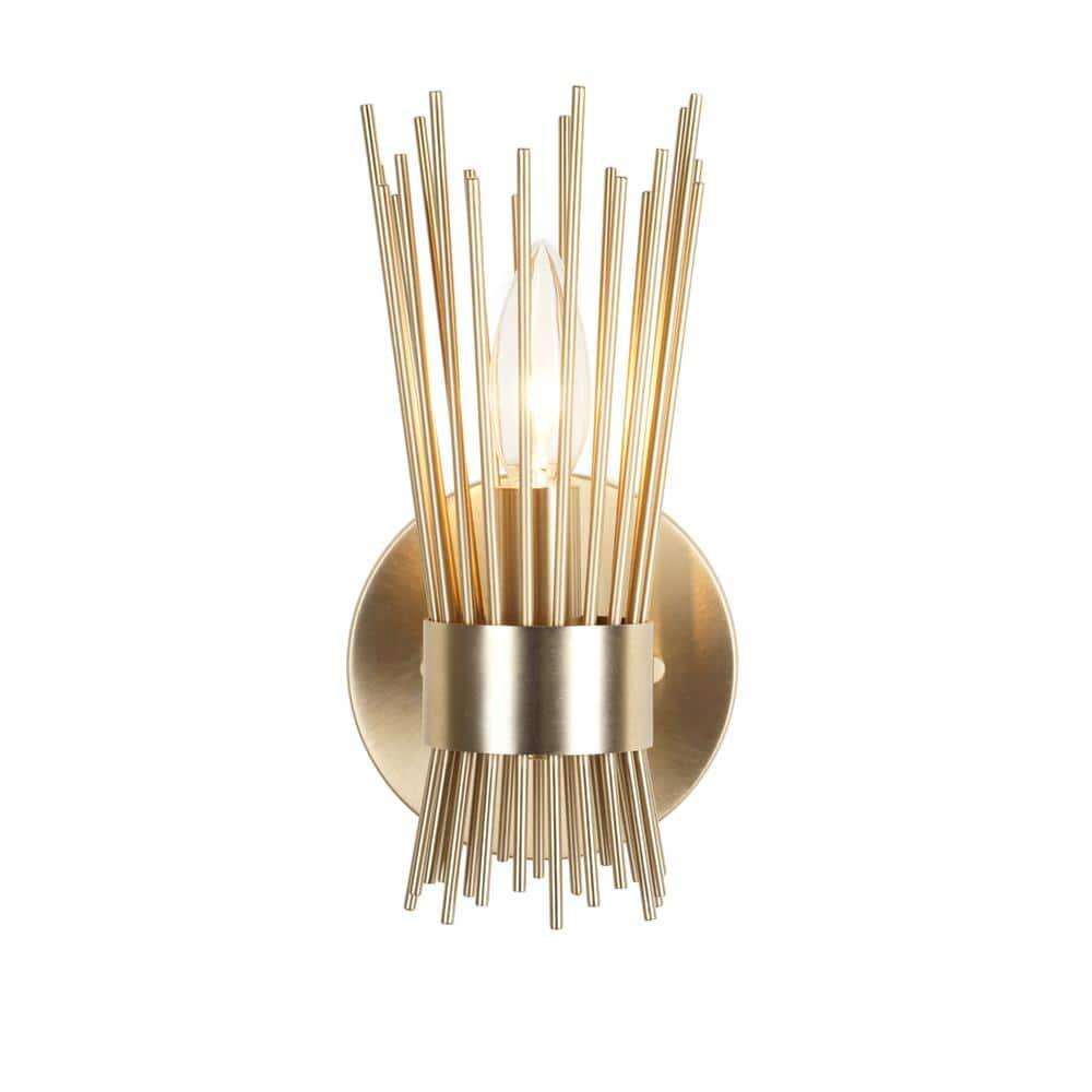 10 in. 1-Light Brushed Gold Sconce with Open Rod Metal Shade