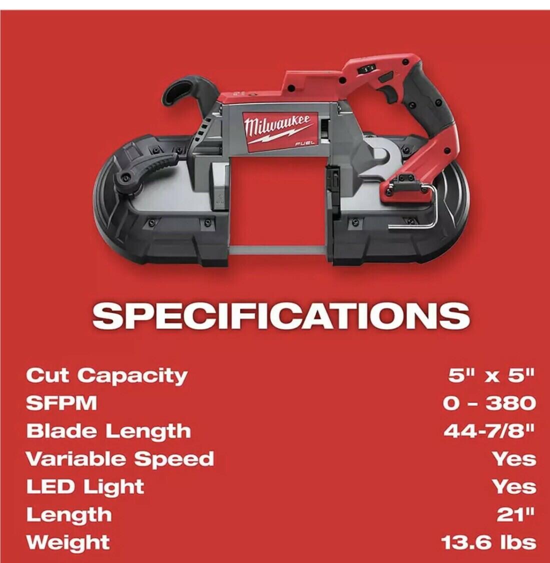 Milwaukee 2729-20 M18 FUEL Deep Cut Band Saw - w Battery M18 XC 5.0