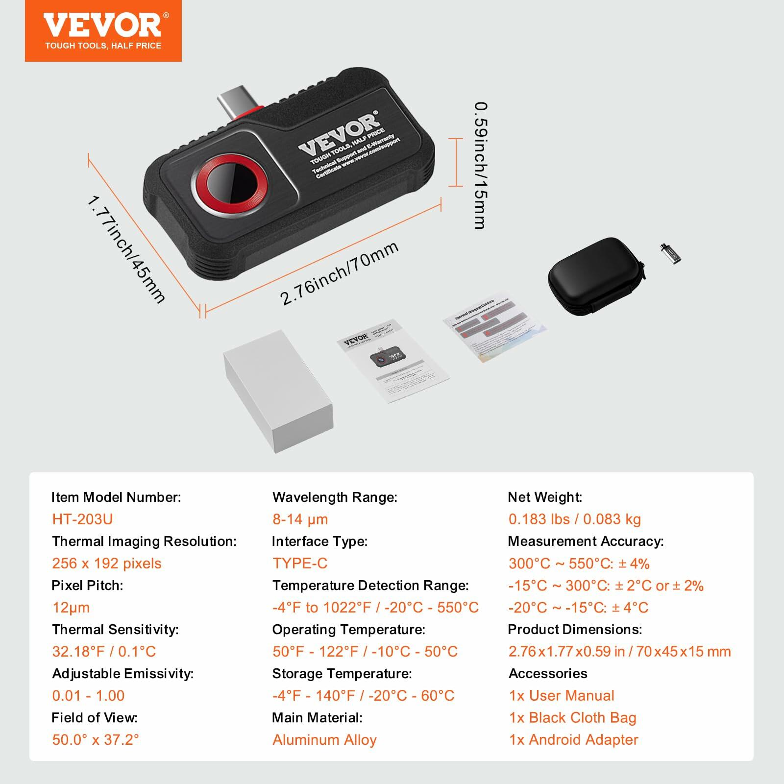 VEVOR Thermal Imaging Camera, 240x180 IR Resolution (43200 Pixels), 20Hz Refresh Rate Infrared Camera with -4℉~662℉ Temperature Range, 16G Built-in SD Card, and Rechargeable Li-ion Battery