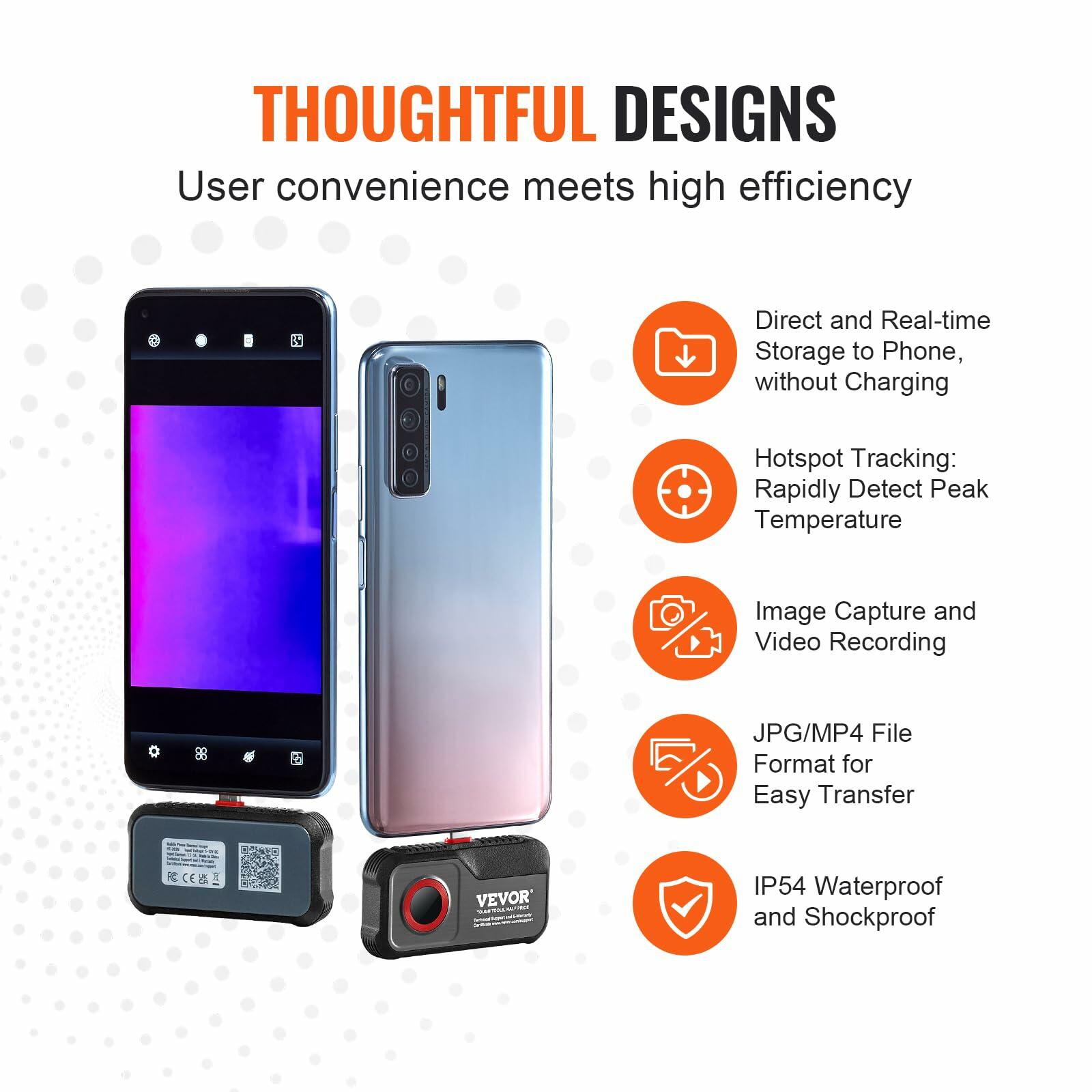 VEVOR Thermal Imaging Camera, 240x180 IR Resolution (43200 Pixels), 20Hz Refresh Rate Infrared Camera with -4℉~662℉ Temperature Range, 16G Built-in SD Card, and Rechargeable Li-ion Battery