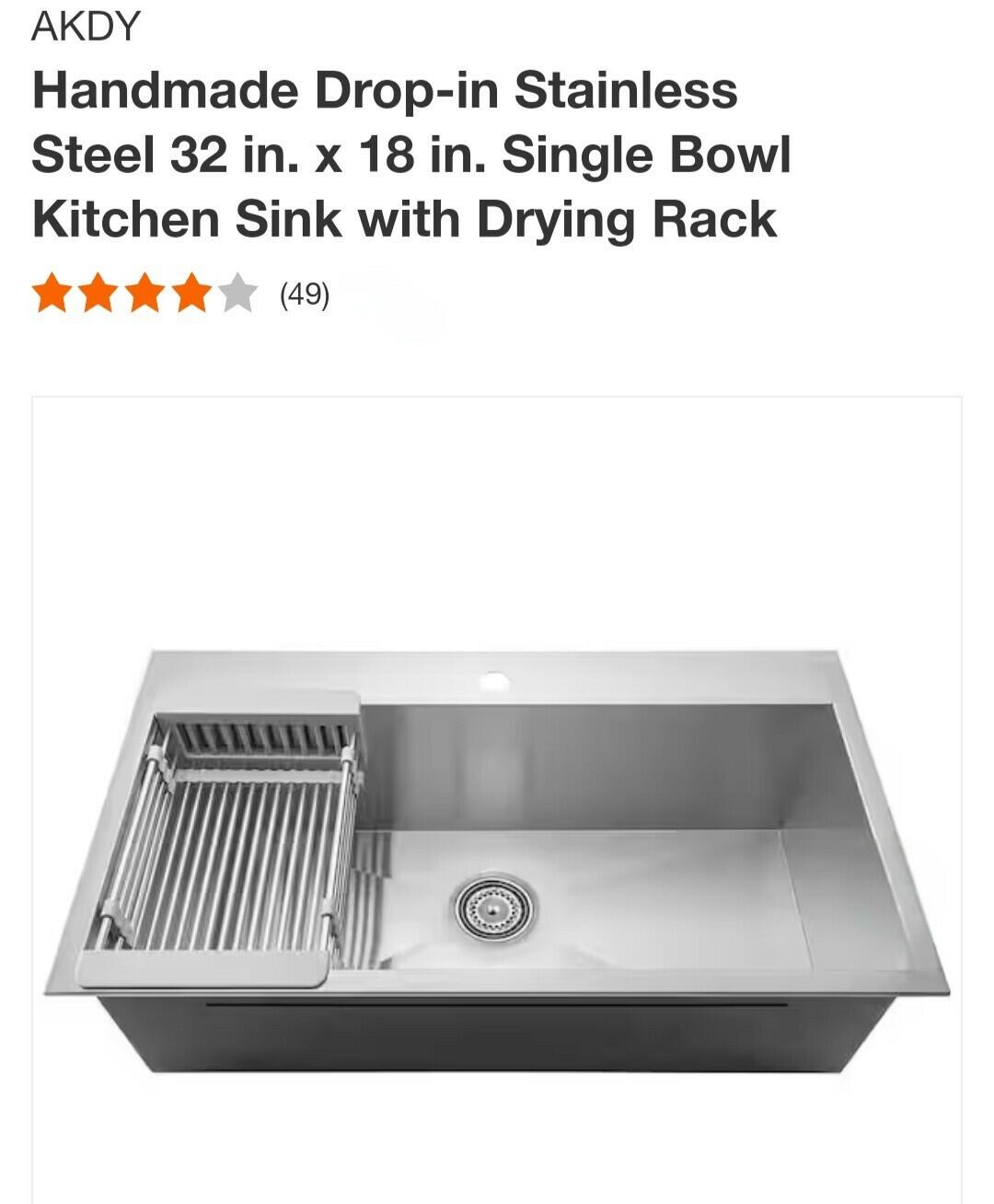 AKDY 32" x 18" x 9" Handmade Stainless Steel Top Mount Kitchen Sink Single Basin