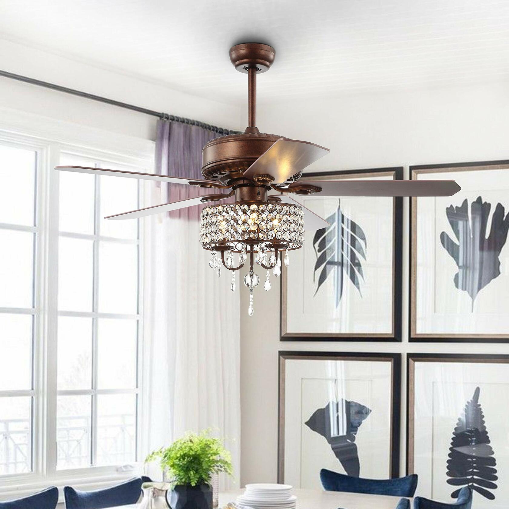 JONATHAN Y JYL9707A Becky 52" Crystal LED Chandelier Fan with Remote, Classic,