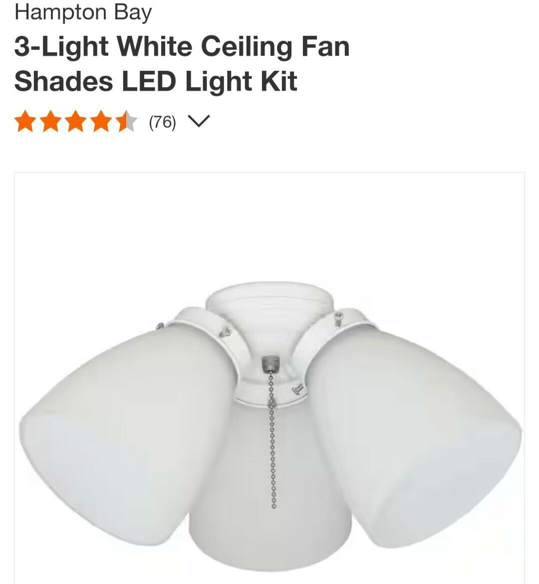 Hampton Bay 3-Light White Ceiling Fan Shades LED Light Kit 91383 NEW