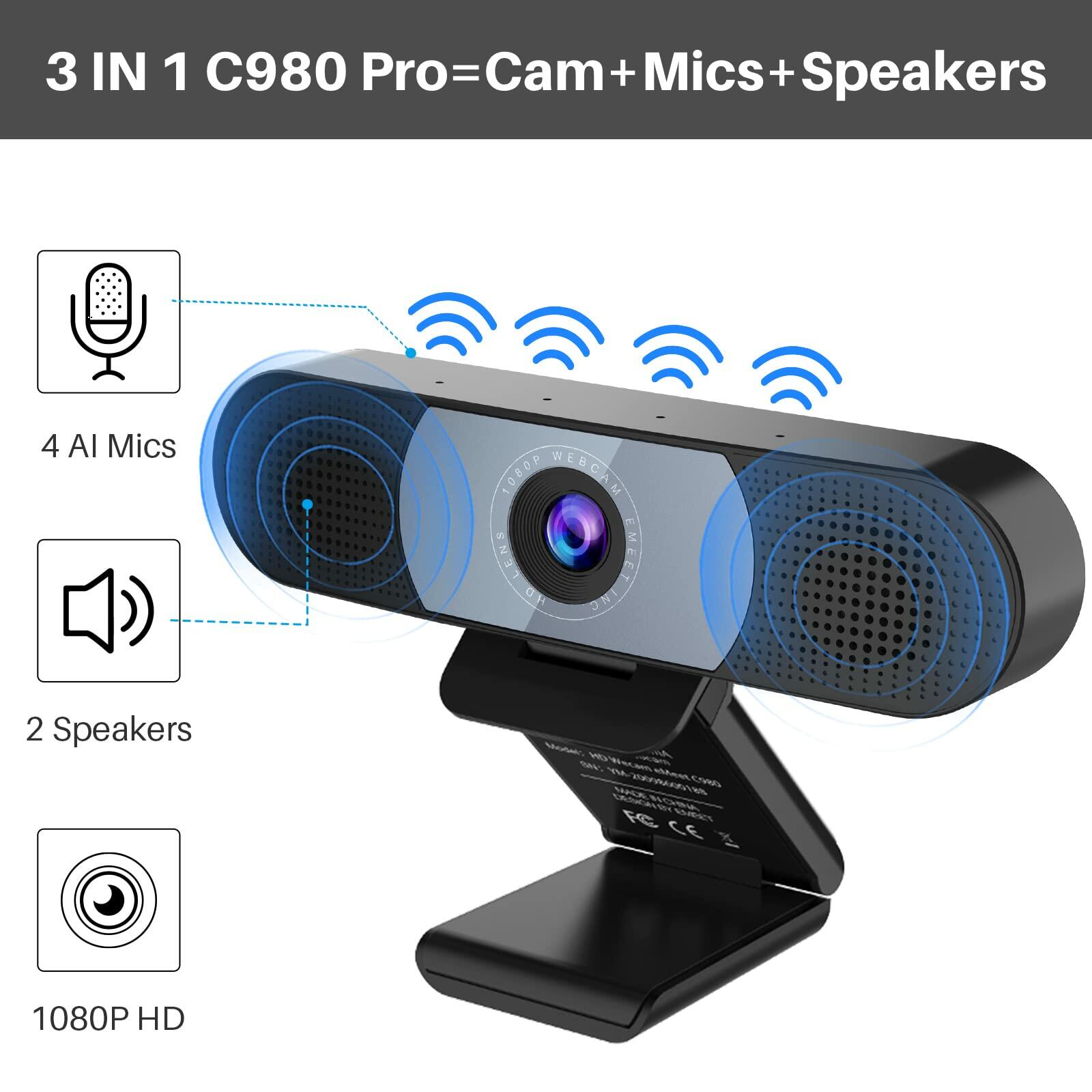 1080P Webcam with Microphone, eMeet C960 Web Camera & 3 in 1 Webcam with Mics
