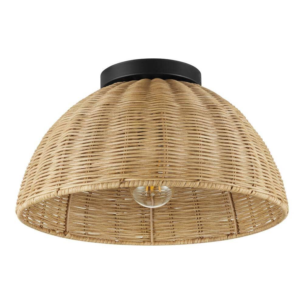 Highler 13 in. Matte Black Flush Mount with Natural Rattan Shade