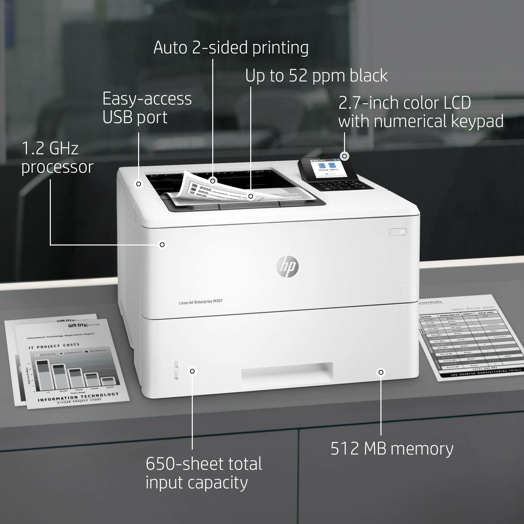 HP LaserJet Enterprise M507dn Monochrome Printer with built-in Ethernet &
