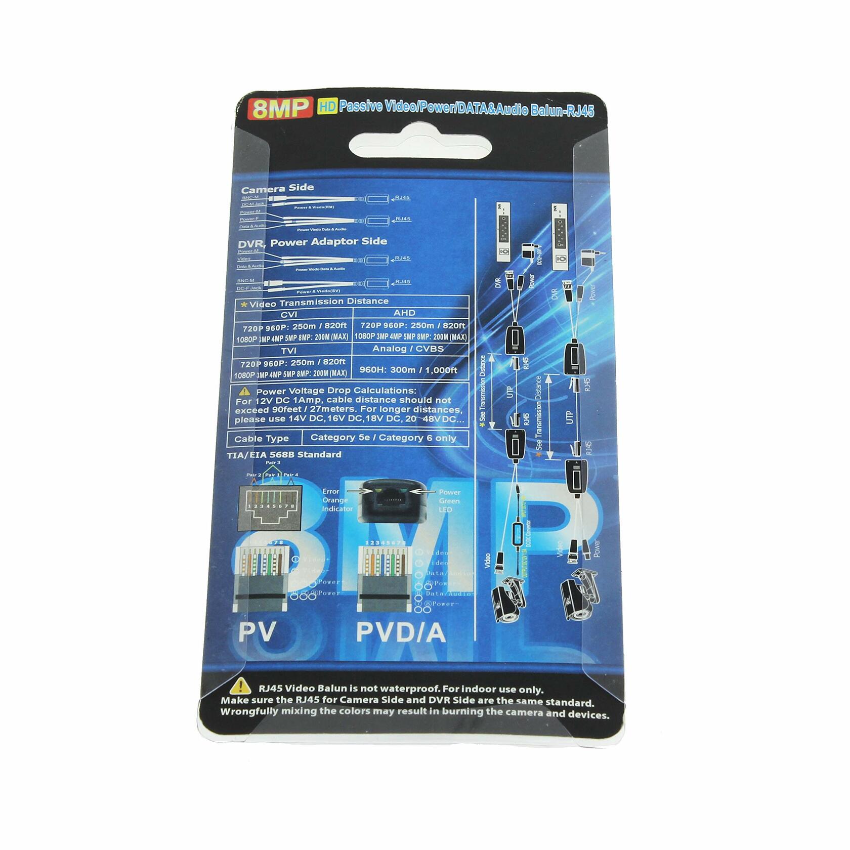 CMVision PV/PVD/PVA/PVDA Passive Power Video Data Audio BALUN Twisted Pair UTP Cable with Power Connector HD Balun for 8MP (4K) / 1080P Cameras 1 Pair