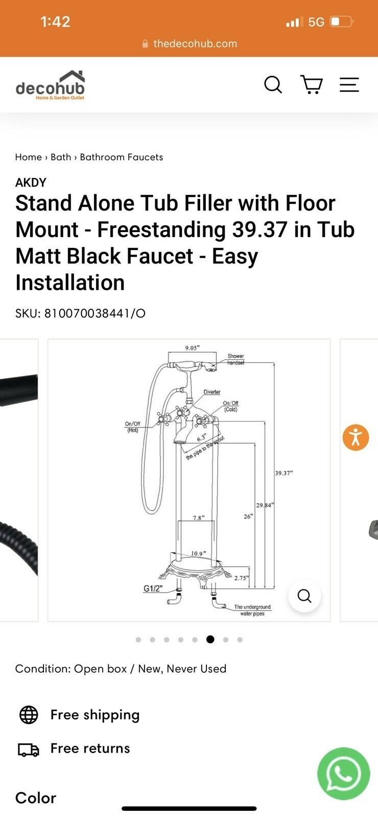 AKDY 39.37 in Tub Matt Black Faucet Stand Alone Tub Filler