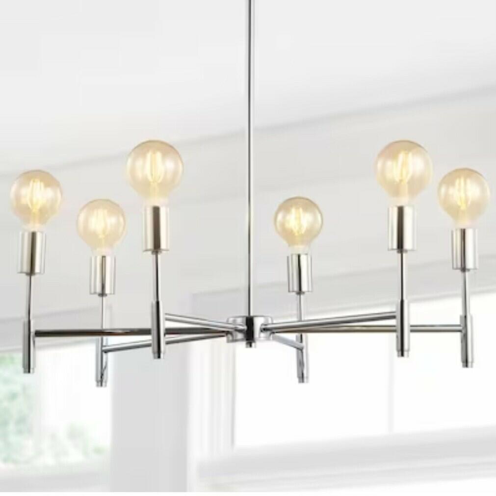 JONATHAN Y LED Chandelier 24" 6-Bulb Adjustable Height Dimmable Metal Chrome