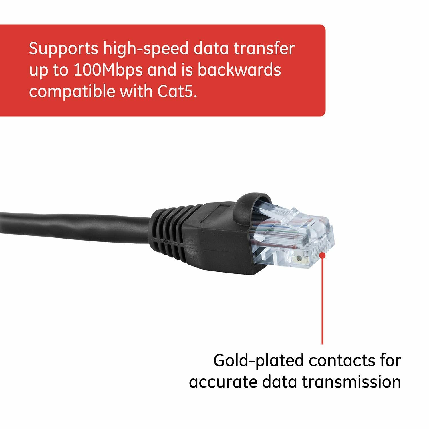 GE Cat5e Ethernet Cable, 14 ft. Ethernet Cable, RJ45 Connectors, for High Speed Internet Devices, Streaming Devices, Audio, Video, for Home or Office, 100MB/Sec, Black, 33761