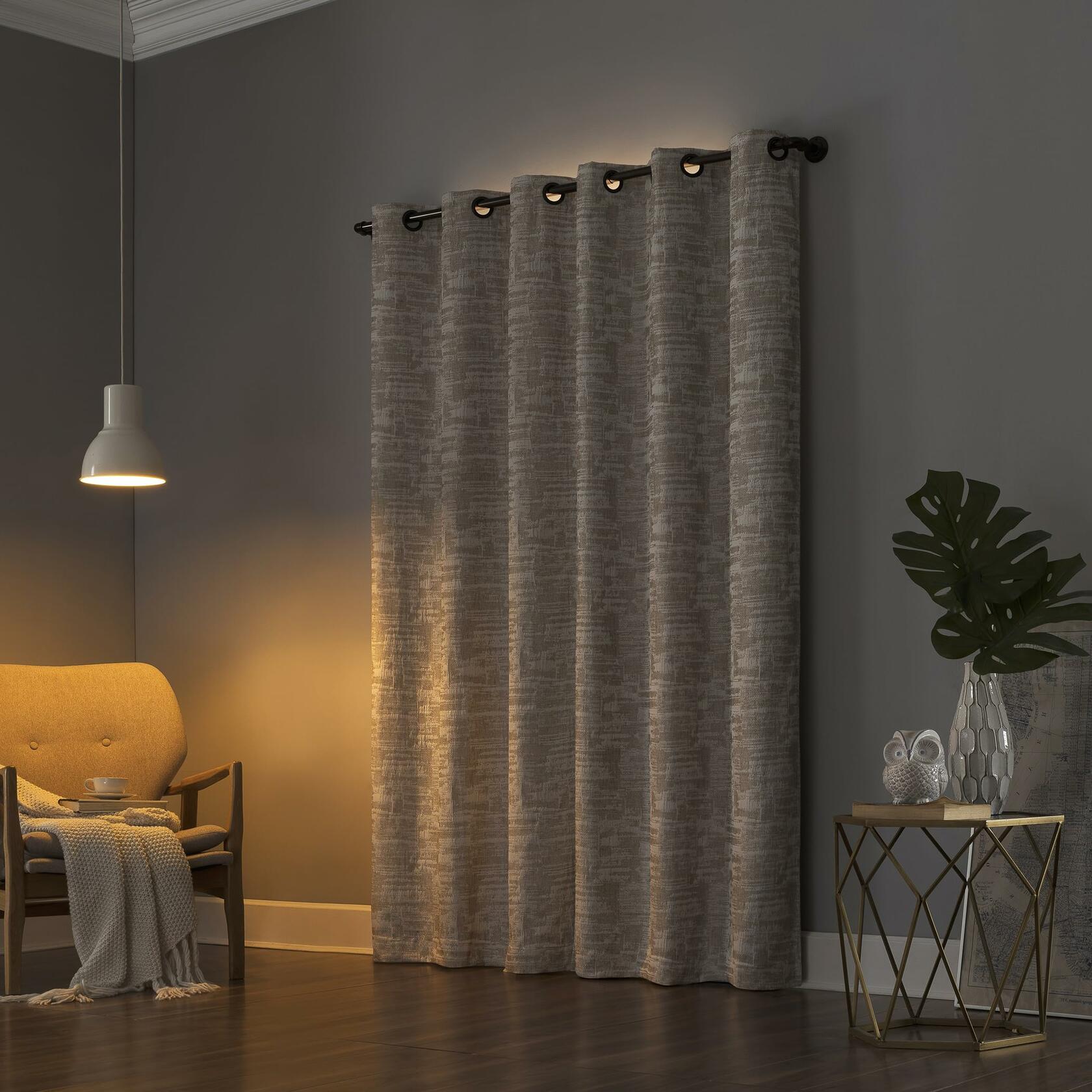 Sun Zero Parrish Distressed Grid Thermal Extreme Total Blackout Grommet Curtain Panel, 40" x 84", Stone