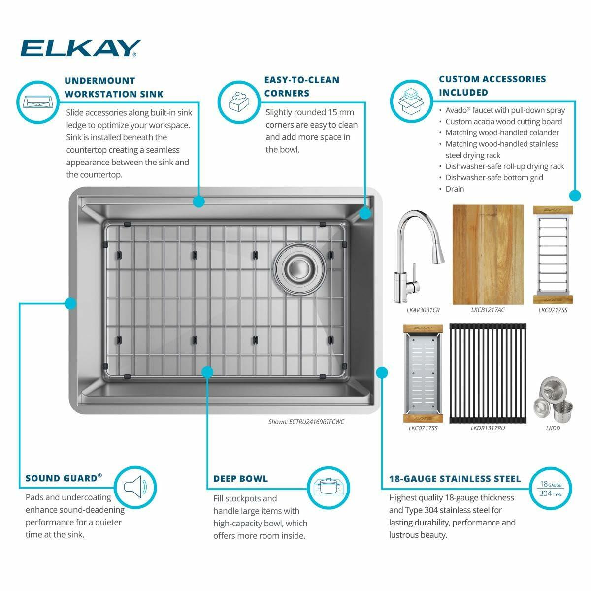 Elkay Crosstown 18 Gauge Workstation Stainless Steel 25-1/2" x 18-1/2" x 9" Single Bowl Undermount Sink & Faucet Kit