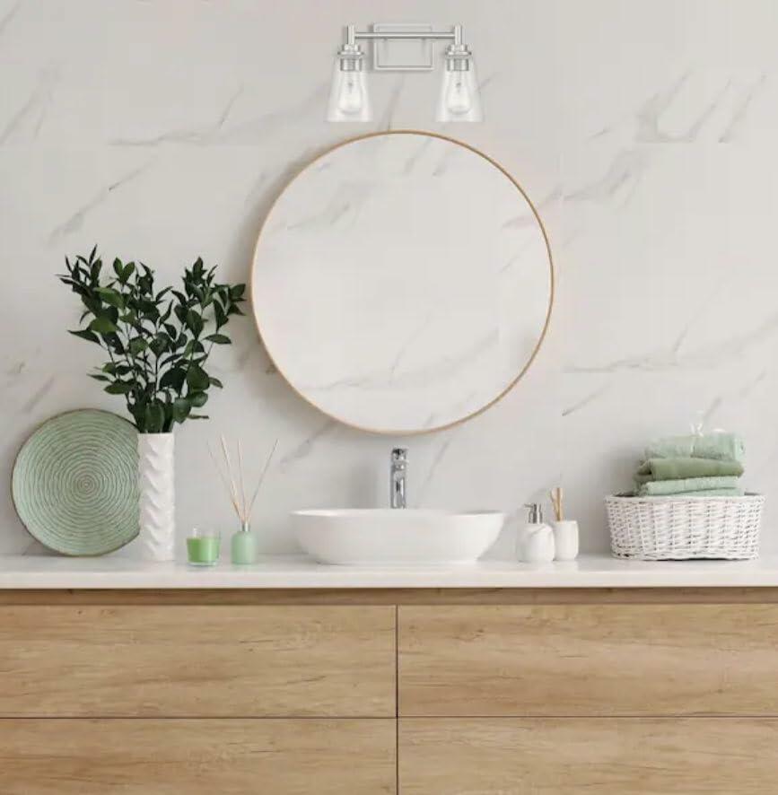 Home Decorators Wakefield 15 in. 2-Light Brushed Nickel Modern Indoor Vanity with Clear Glass Shades