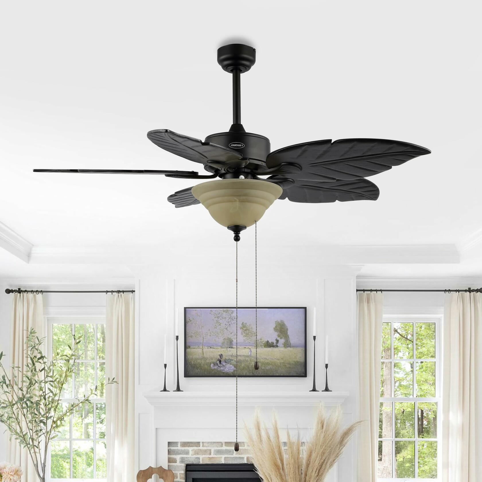 JONATHAN Y JYL9720A Poinciana 52" 3-Light Coastal Bohemian Iron/Wood Palm Leaf LED Ceiling Fan with Pull Chain Rustic, Eclectic, Transitional, Office, Living Room, Dining Room, Bedroom, Black