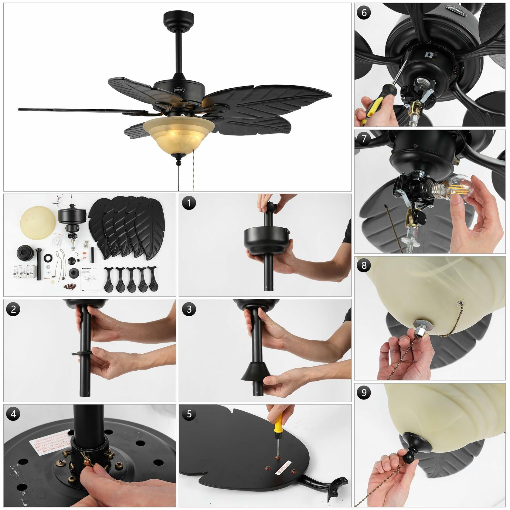 JONATHAN Y JYL9720A Poinciana 52" 3-Light Coastal Bohemian Iron/Wood Palm Leaf LED Ceiling Fan with Pull Chain Rustic, Eclectic, Transitional, Office, Living Room, Dining Room, Bedroom, Black