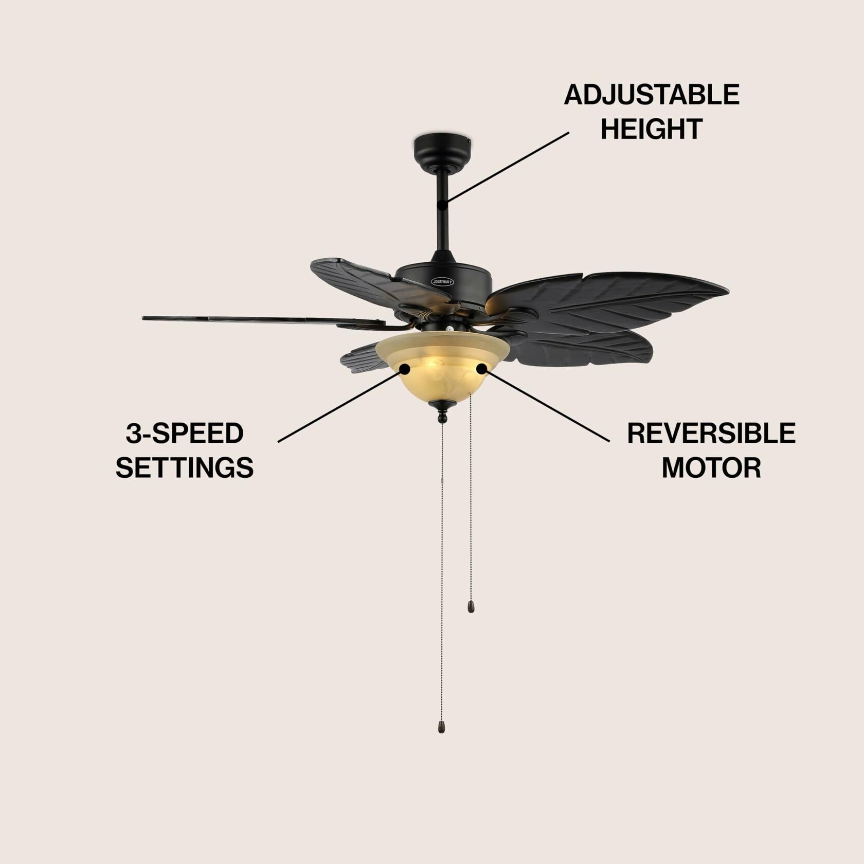 JONATHAN Y JYL9720A Poinciana 52" 3-Light Coastal Bohemian Iron/Wood Palm Leaf LED Ceiling Fan with Pull Chain Rustic, Eclectic, Transitional, Office, Living Room, Dining Room, Bedroom, Black
