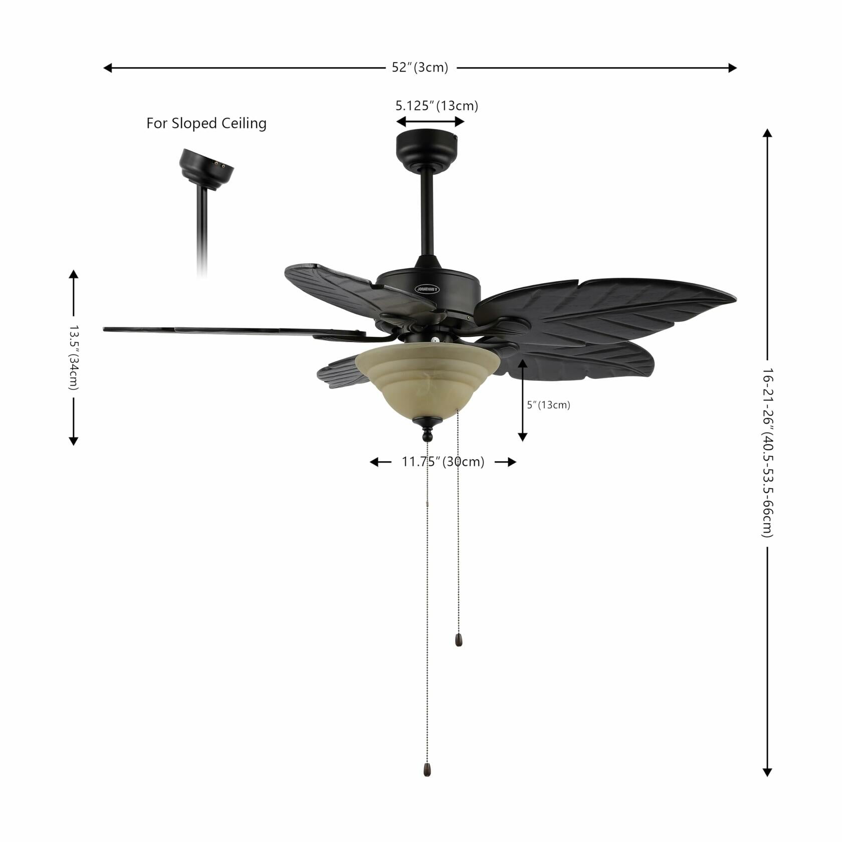 JONATHAN Y JYL9720A Poinciana 52" 3-Light Coastal Bohemian Iron/Wood Palm Leaf LED Ceiling Fan with Pull Chain Rustic, Eclectic, Transitional, Office, Living Room, Dining Room, Bedroom, Black