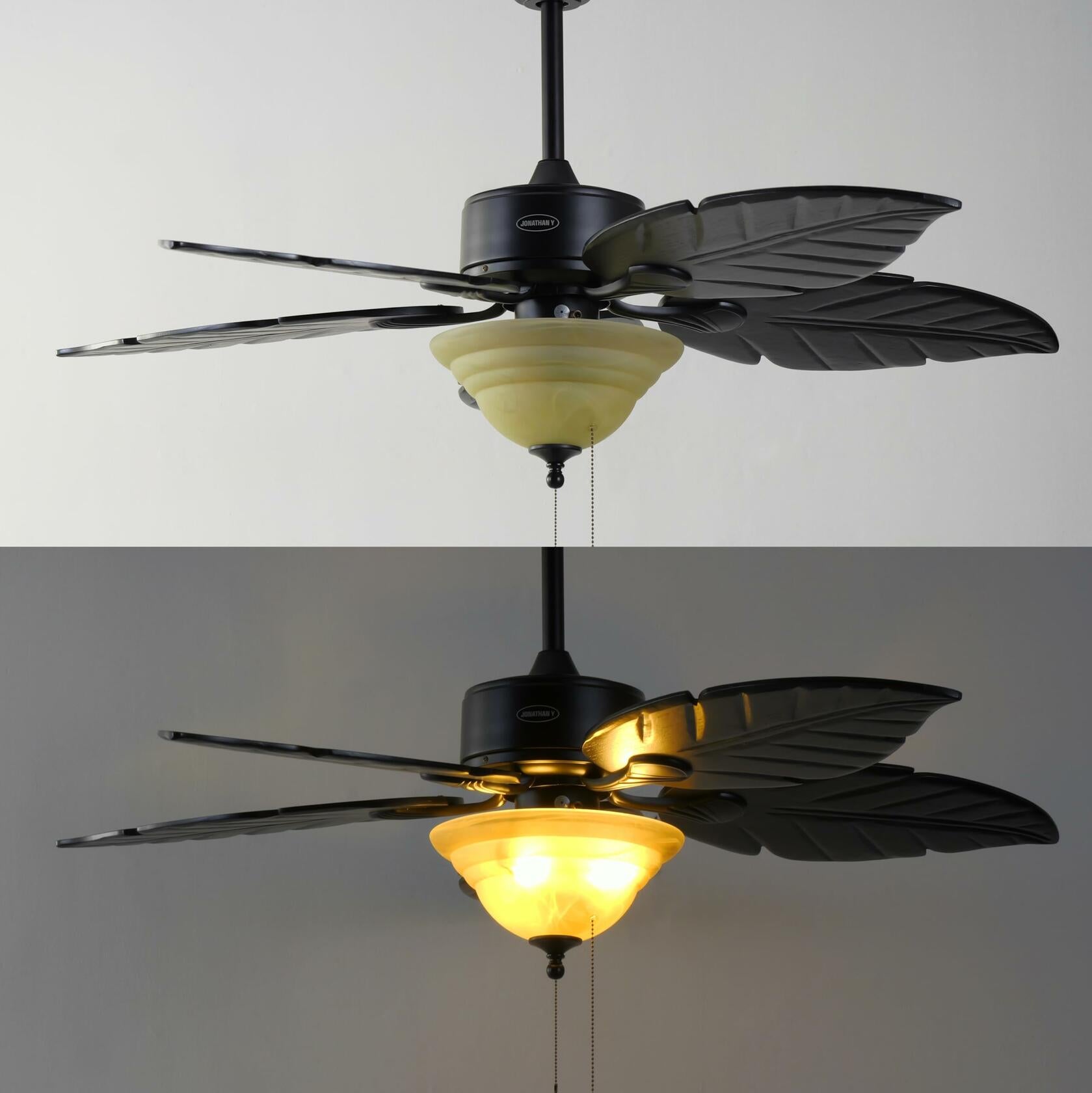 JONATHAN Y JYL9720A Poinciana 52" 3-Light Coastal Bohemian Iron/Wood Palm Leaf LED Ceiling Fan with Pull Chain Rustic, Eclectic, Transitional, Office, Living Room, Dining Room, Bedroom, Black