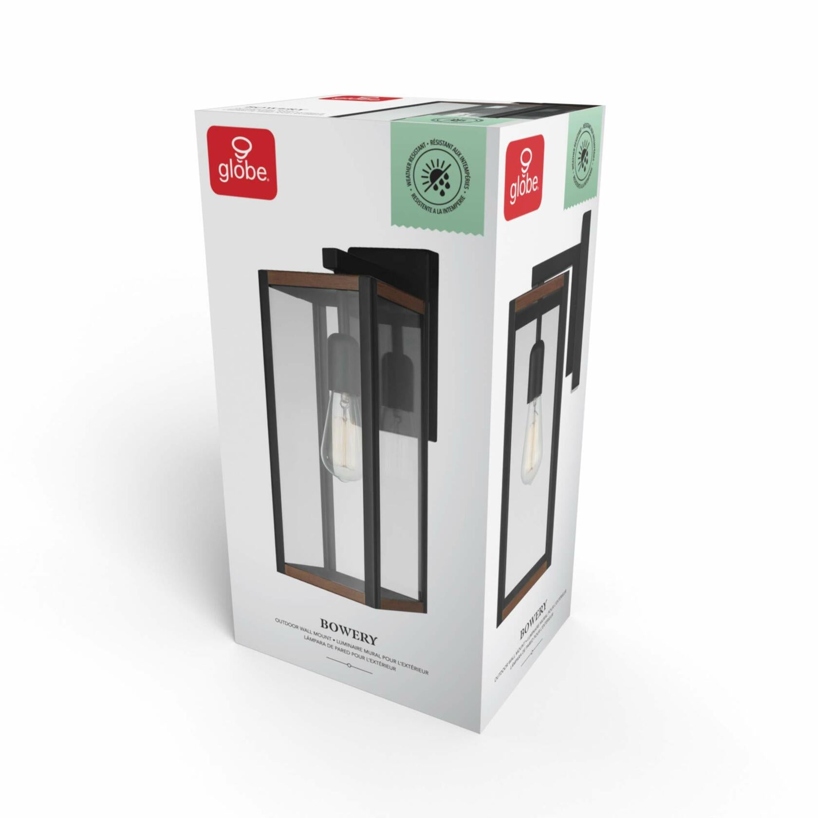 GLOBE Electric 44681 1-Light Outdoor Indoor Wall Sconce, Matte Black, Faux Wood Accents, Clear Glass Shade, Back Porch Lights, Front Patio, Garage Fixture, Exterior Lighting for House