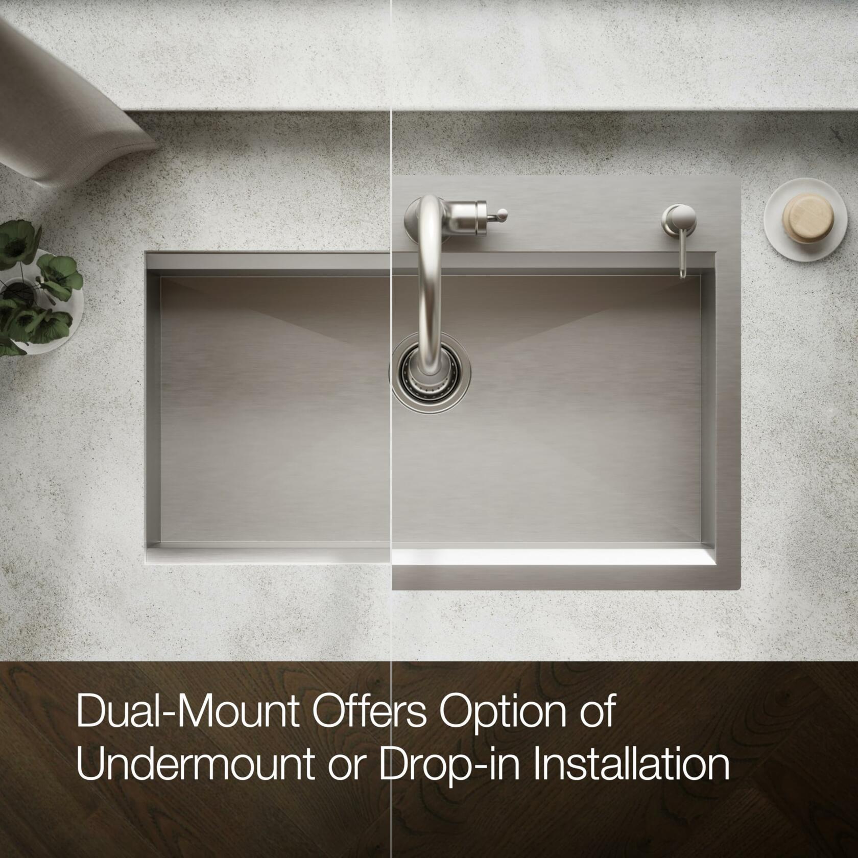 KOHLER Task 33" Top-/Undermount Single-Bowl Workstation Kitchen Sink, Includes Accessories, Stainless Steel, 2 Faucet Holes, K-80084-2PC-NA