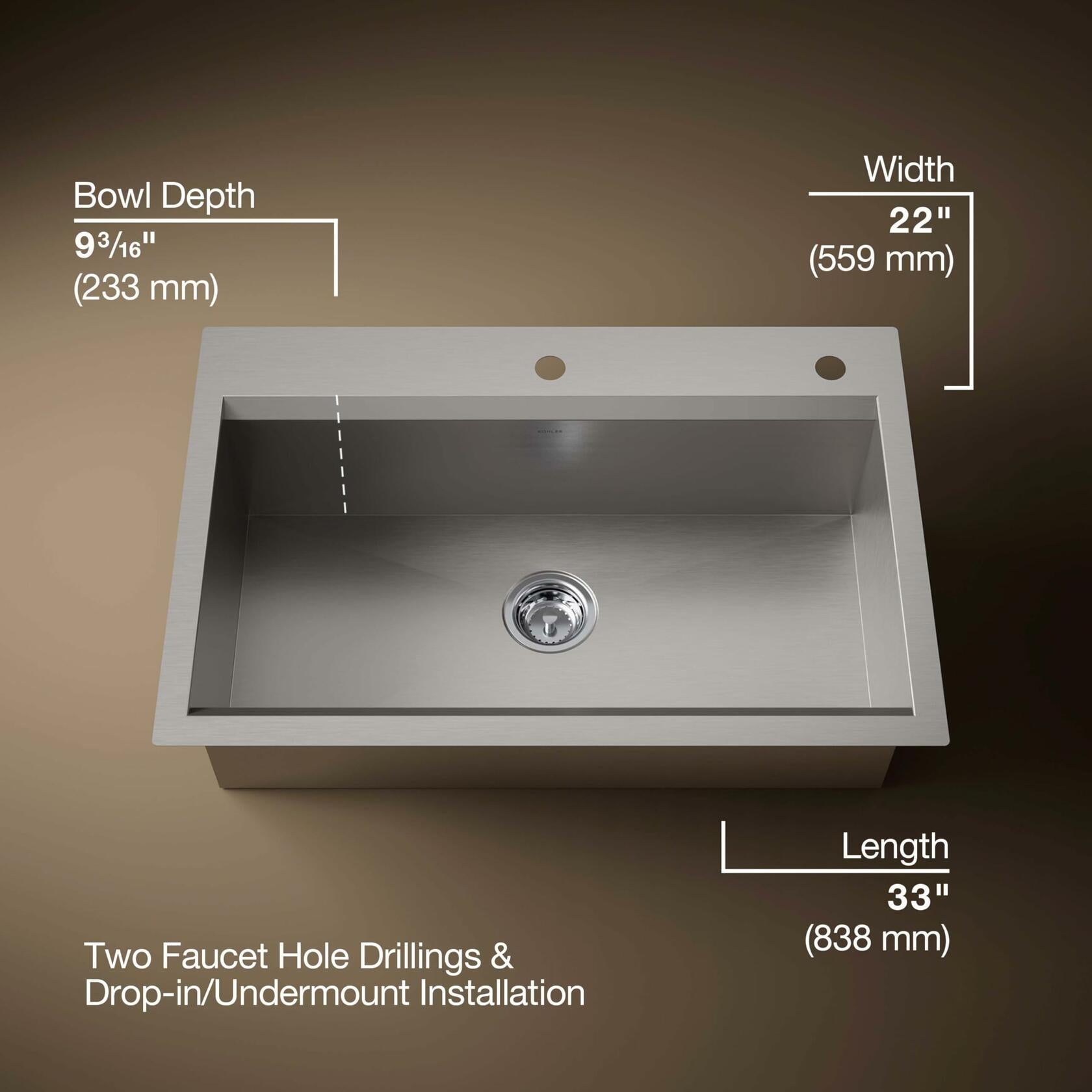 KOHLER Task 33" Top-/Undermount Single-Bowl Workstation Kitchen Sink, Includes Accessories, Stainless Steel, 2 Faucet Holes, K-80084-2PC-NA