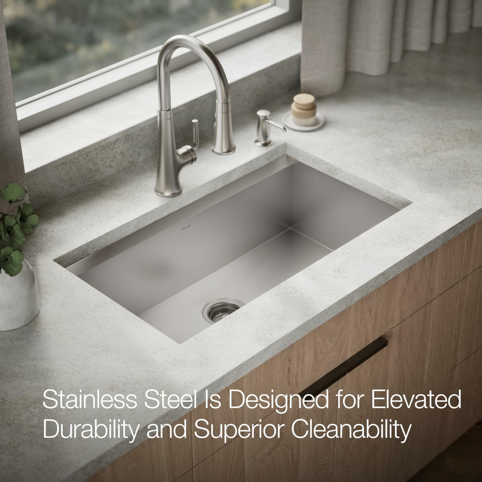 KOHLER Task 33" Top-/Undermount Single-Bowl Workstation Kitchen Sink, Includes Accessories, Stainless Steel, 2 Faucet Holes, K-80084-2PC-NA