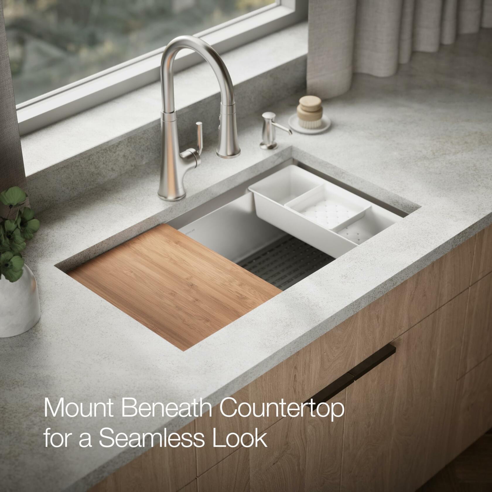 KOHLER Task 33" Top-/Undermount Single-Bowl Workstation Kitchen Sink, Includes Accessories, Stainless Steel, 2 Faucet Holes, K-80084-2PC-NA