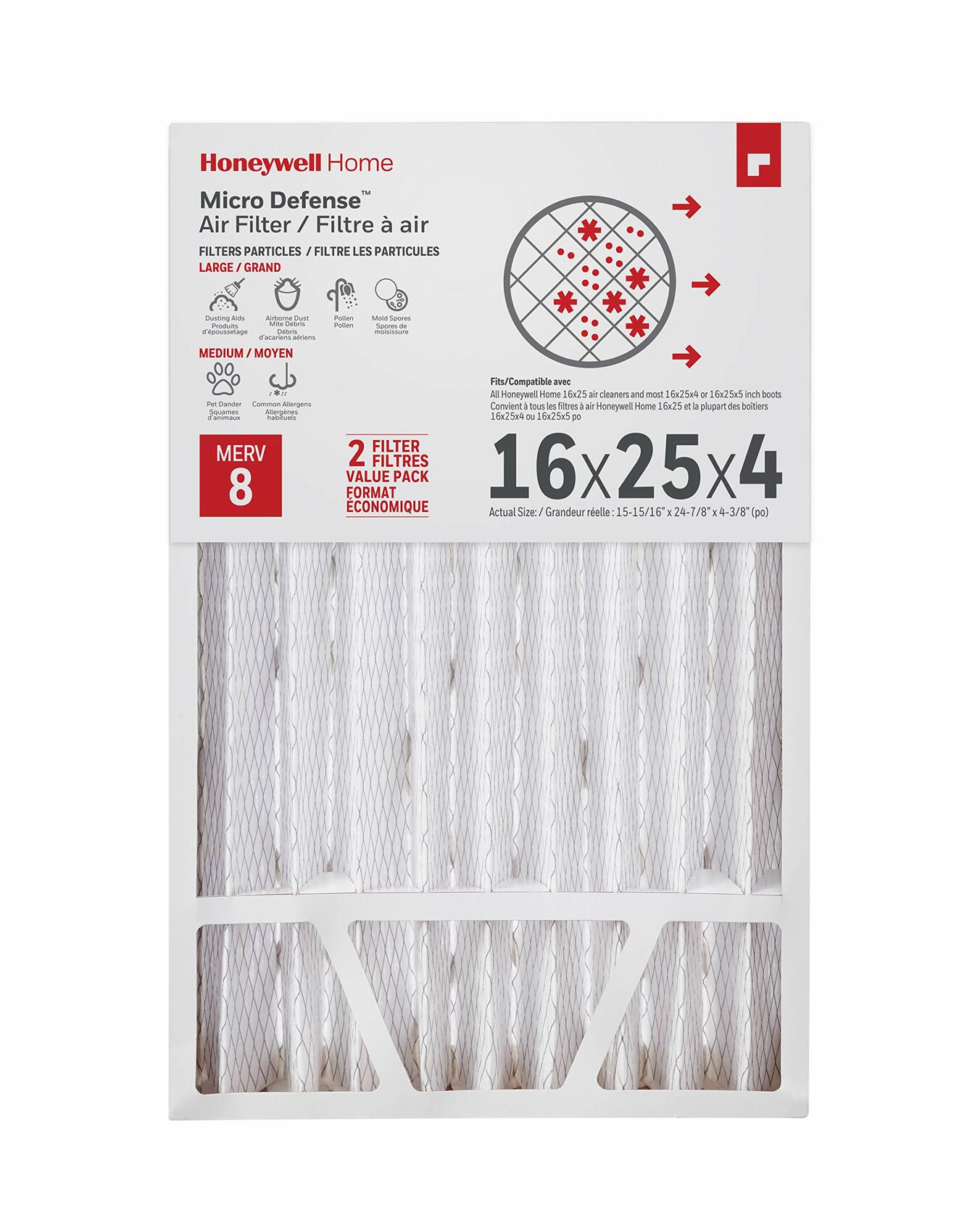 Honeywell Home MicroDefense AC Furnace Air Filter 16 x 25 x 4 MERV 8 (2 pk)