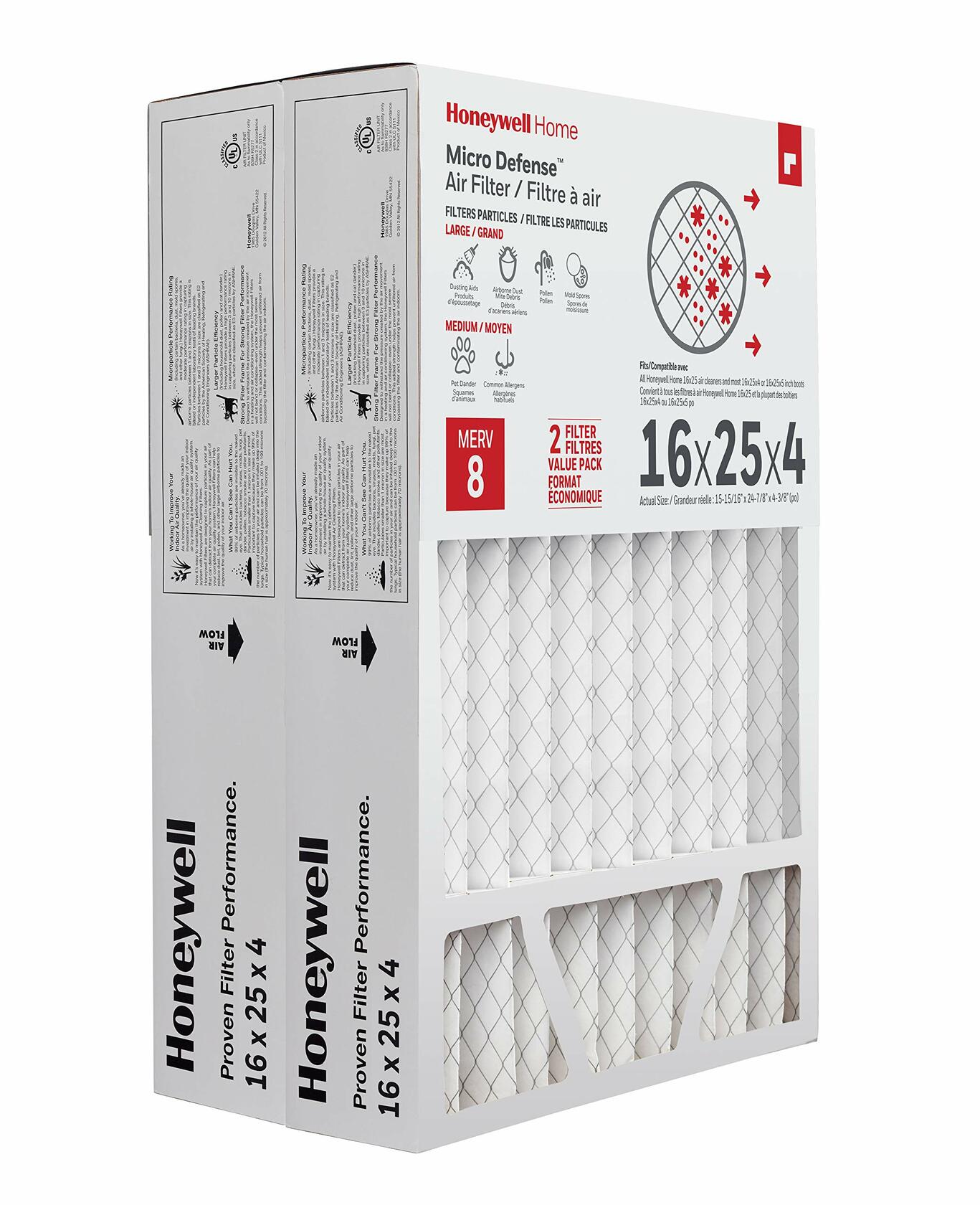 Honeywell Home MicroDefense AC Furnace Air Filter 16 x 25 x 4 MERV 8 (2 pk)