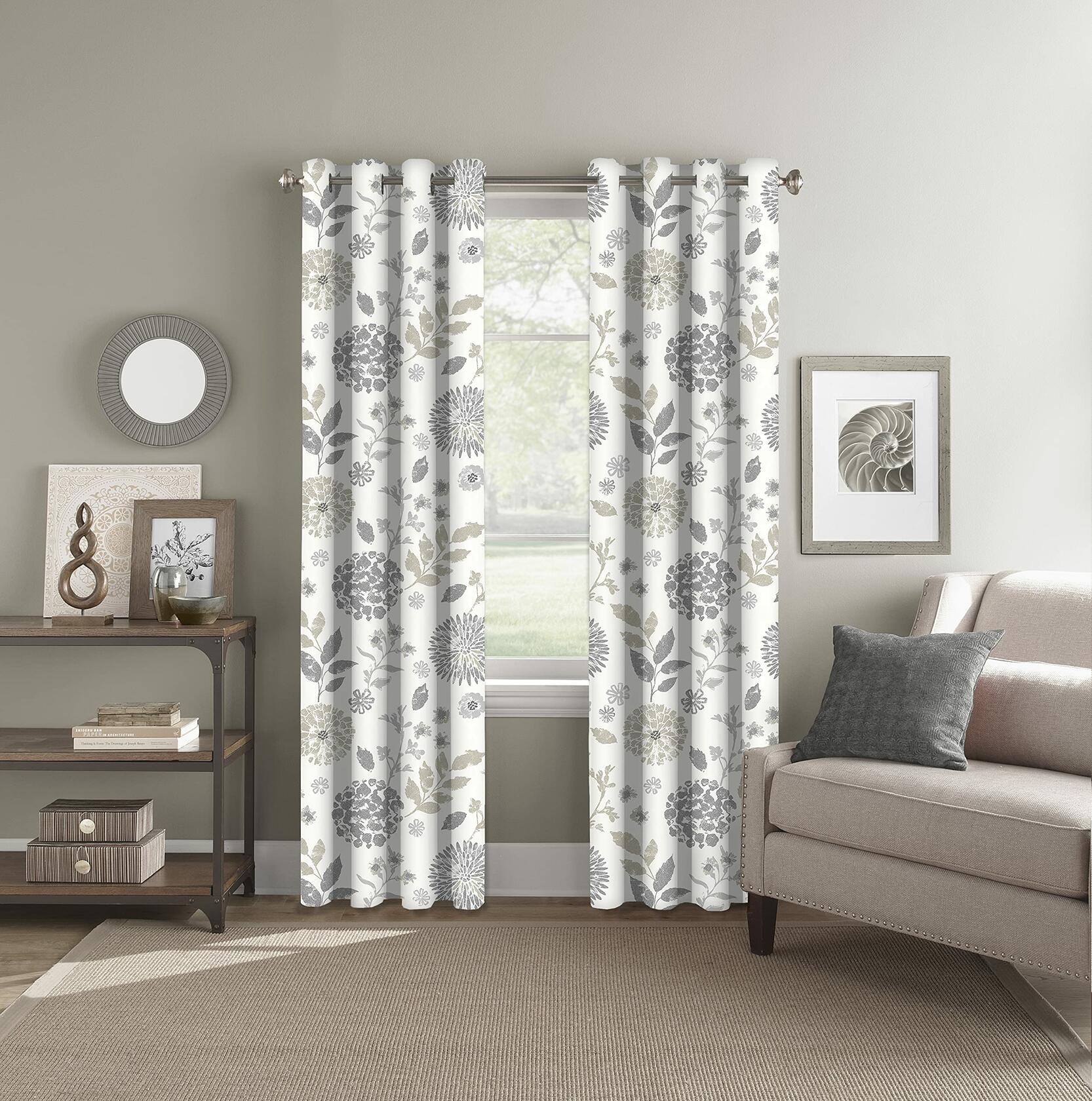 Colordrift Neutral Floral Polyester 52 in. W x 84 in. L Back Tab Room Darkening Curtain Panel