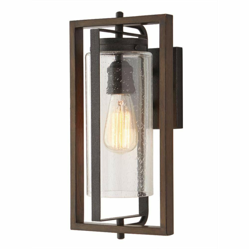 Palermo Grove 1-Light Gilded Iron Outdoor Wall Lantern with Walnut Wood Accents