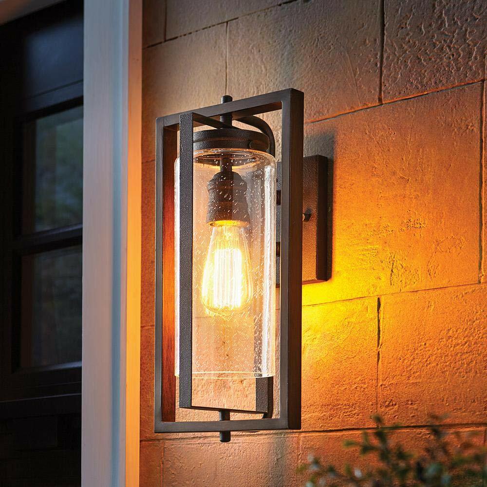 Palermo Grove 1-Light Gilded Iron Outdoor Wall Lantern with Walnut Wood Accents
