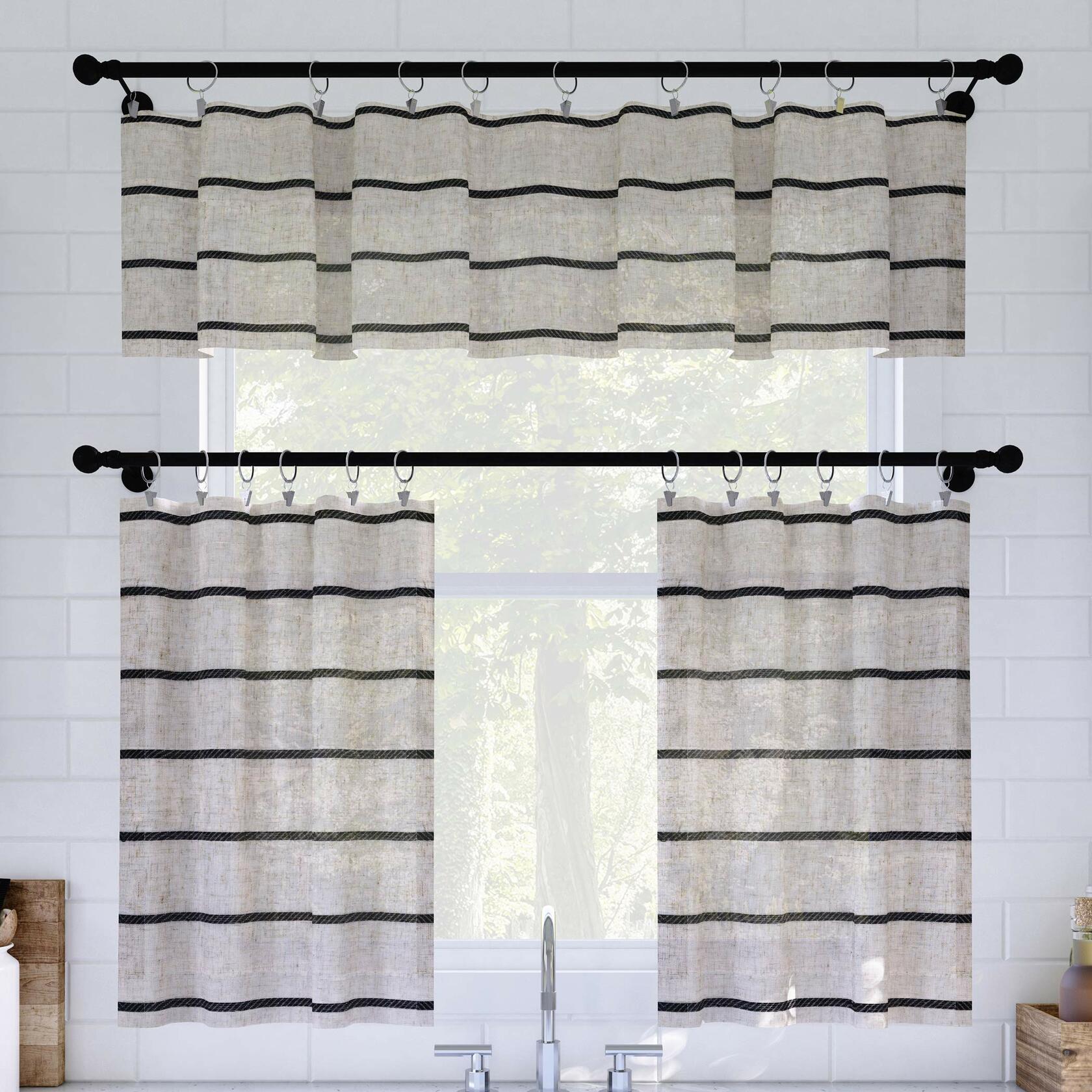 Clean Window Twill Stripe Anti-Dust Allergy/Pet Friendly Anti-Dust Sheer Cafe Valance, 52" x 14", White/Linen