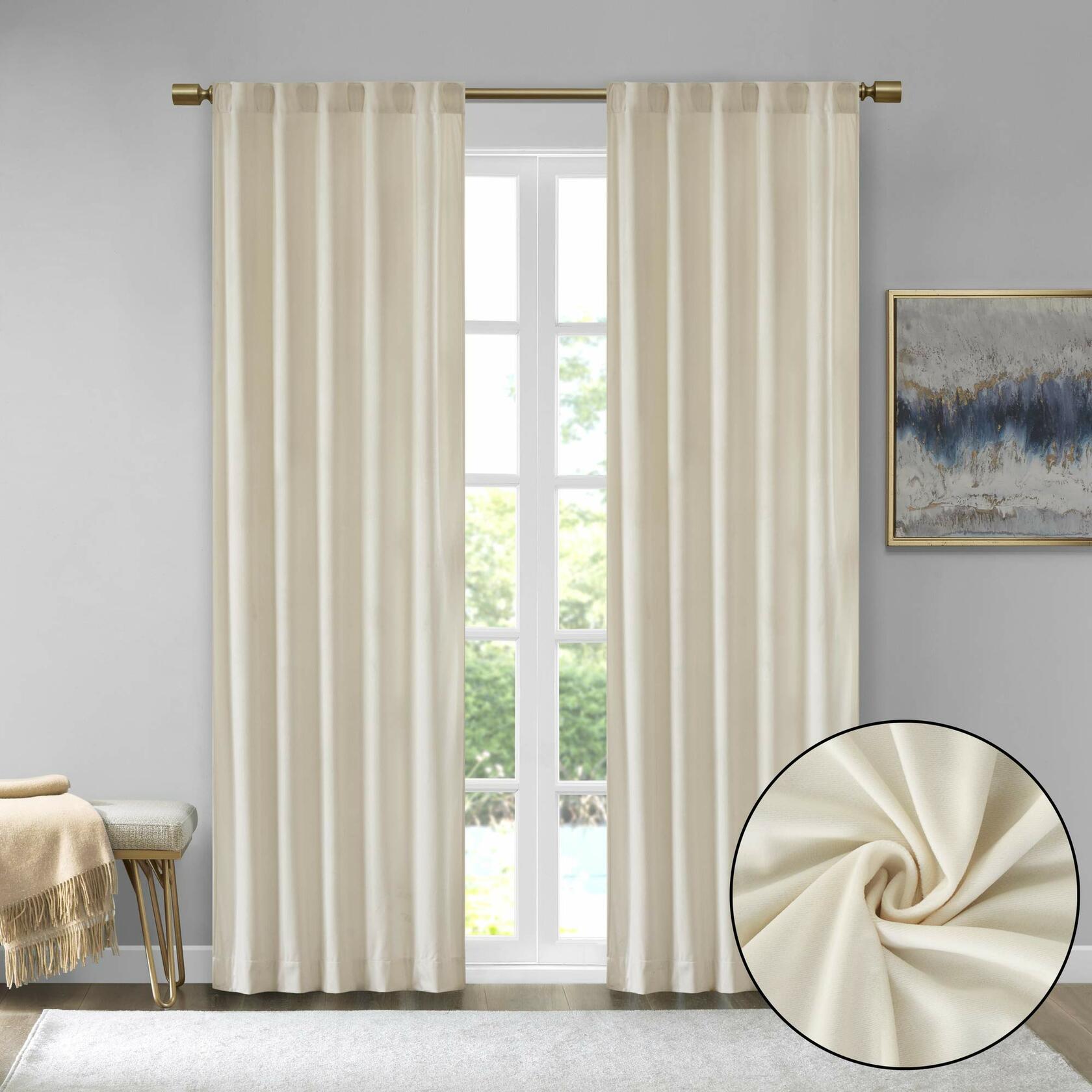 Sun Smart Colt Room Darkening Poly Velvet Rod Pocket/Back Tab Window Treatment Curtain Set Panel Pair Drapes for Bedroom Living Room and Dorm, 95" Panel, Ivory