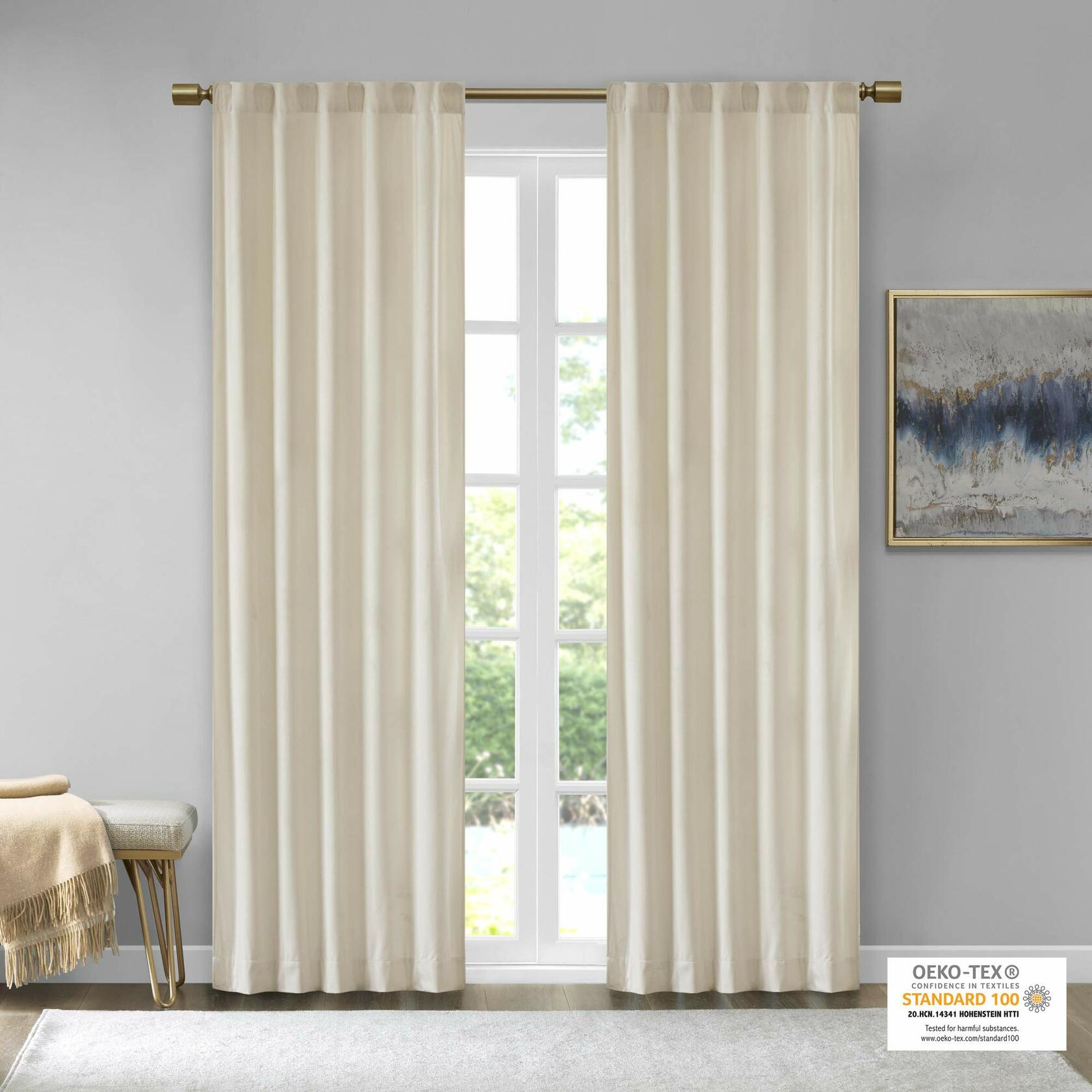 Sun Smart Colt Room Darkening Poly Velvet Rod Pocket/Back Tab Window Treatment Curtain Set Panel Pair Drapes for Bedroom Living Room and Dorm, 95" Panel, Ivory