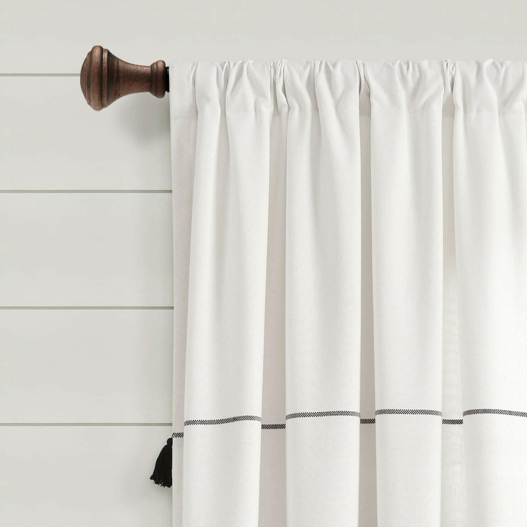 Lush Decor Farmhouse Boho Stripe Woven Tassel Yarn Dyed Cotton Window Curtain Panel Pair, 95" L x 42" W, Ivory & Black