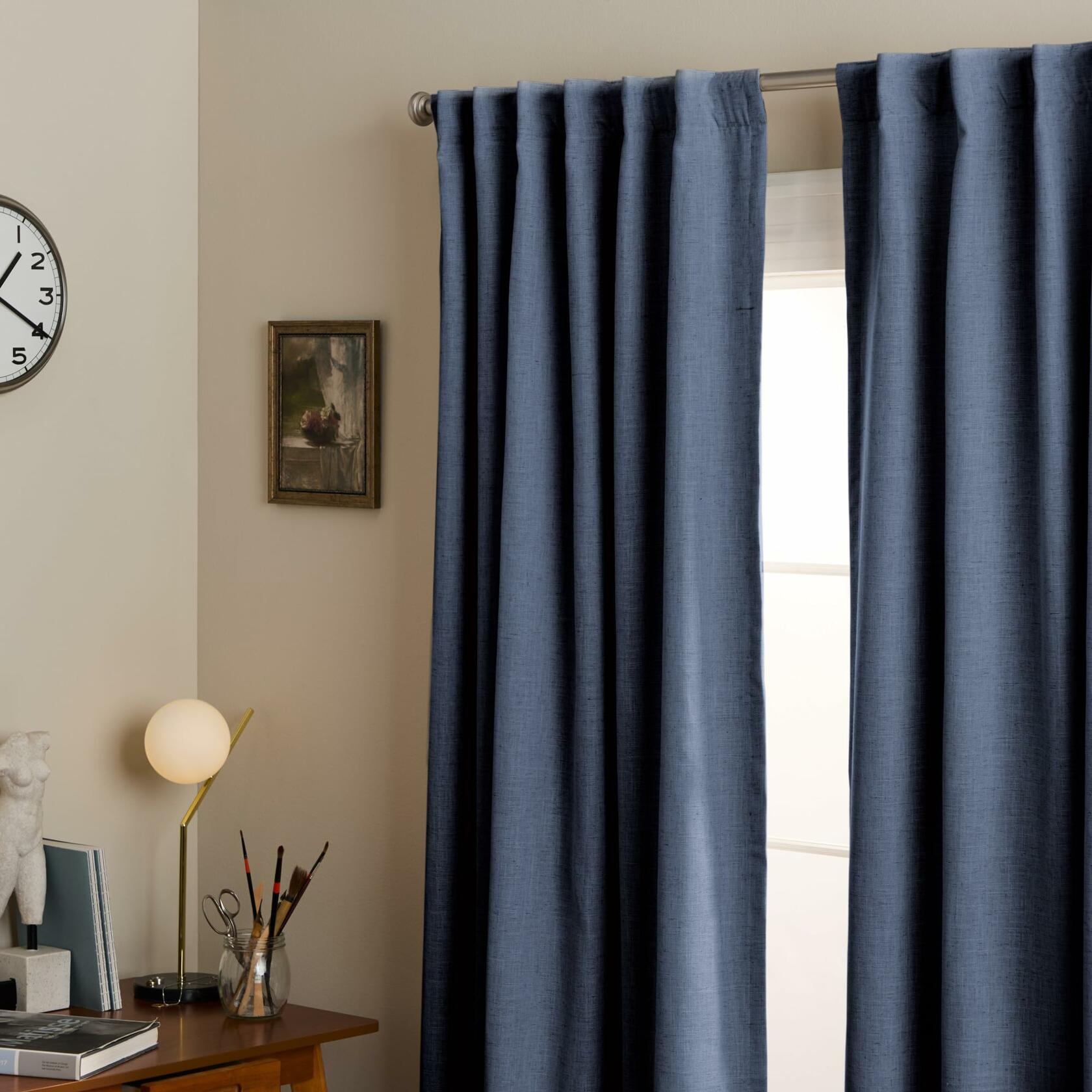 TOWN & COUNTRY LUXE Davos Solid Linen Texture Indoor Curtains, 100% Blackout with Energy Efficient Lining, Back Tab/Rod Pocket Top, 2-Pack Set, Navy Blue, 50"x108"