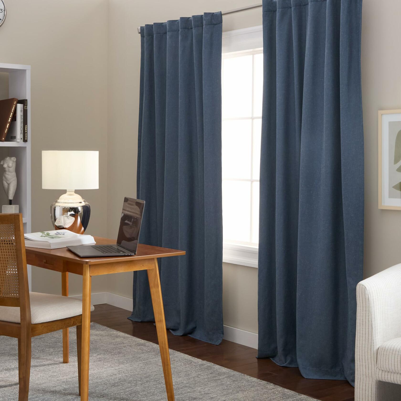 TOWN & COUNTRY LUXE Davos Solid Linen Texture Indoor Curtains, 100% Blackout with Energy Efficient Lining, Back Tab/Rod Pocket Top, 2-Pack Set, Navy Blue, 50"x108"